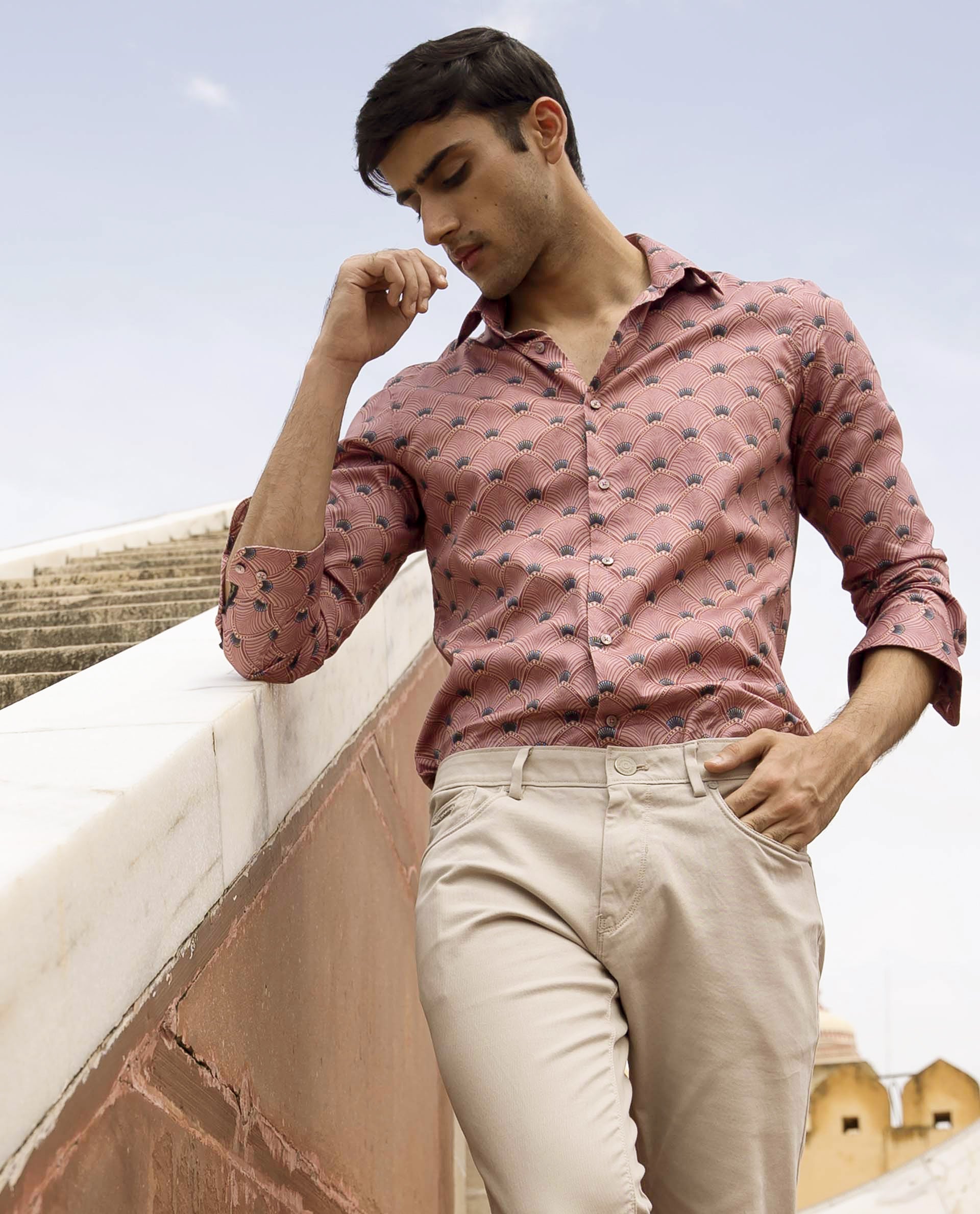 Rare Rabbit Men's Bowy Pink Cotton Fabric Geometric Print Full Sleeves Shirt