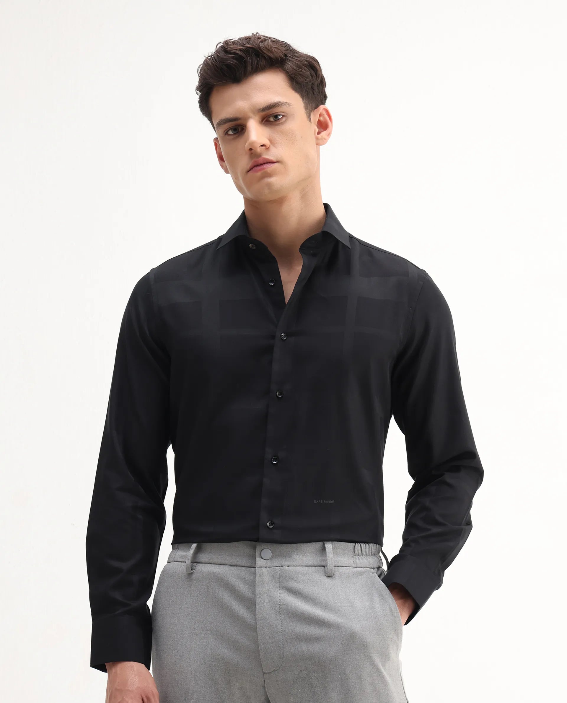 Rare Rabbit Men's Boxlet 25 Black Cotton Blend Checked Print Regular Fit Full Sleeve Collared Shirt