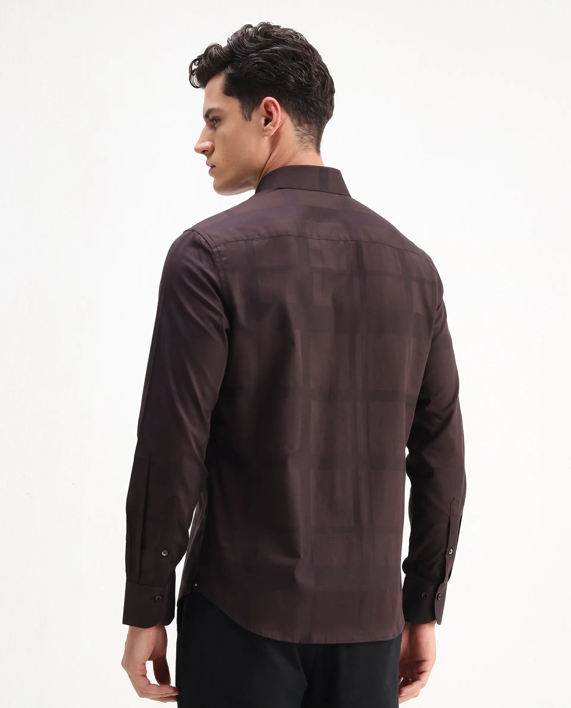 Rare Rabbit Men's Boxlet 25 Coffee Cotton Blend Checked Print Regular Fit Full Sleeve Collared Shirt