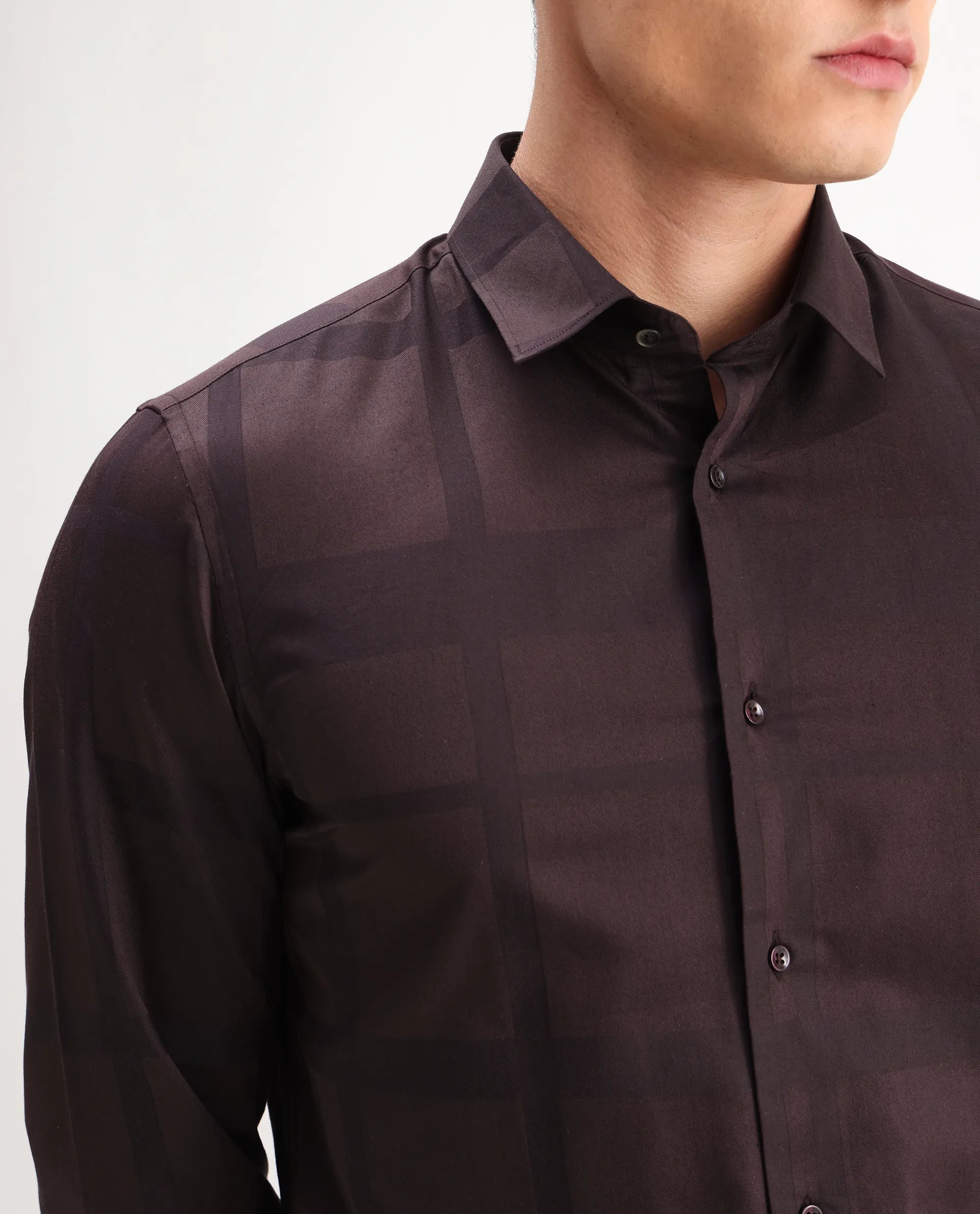 Rare Rabbit Men's Boxlet 25 Coffee Cotton Blend Checked Print Regular Fit Full Sleeve Collared Shirt