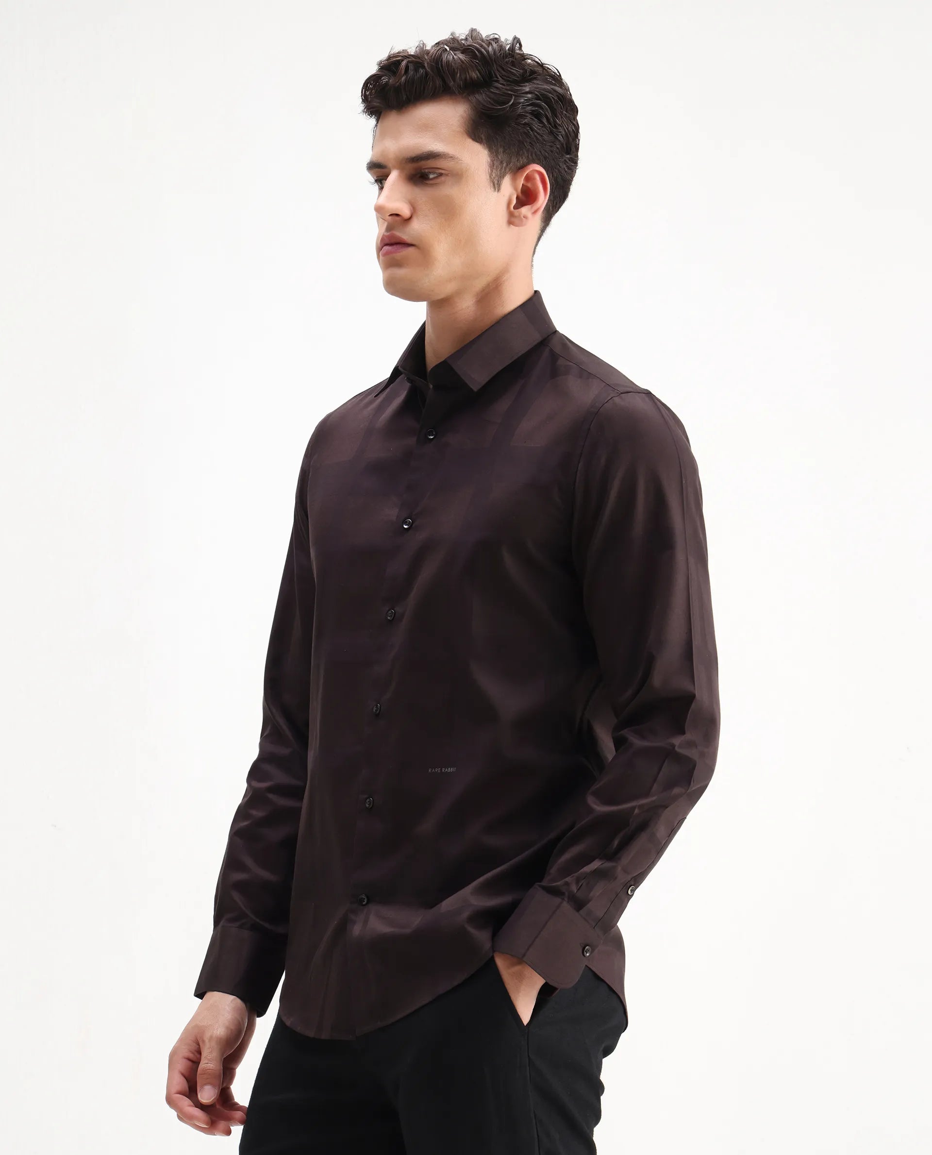 Rare Rabbit Men's Boxlet 25 Coffee Cotton Blend Checked Print Regular Fit Full Sleeve Collared Shirt