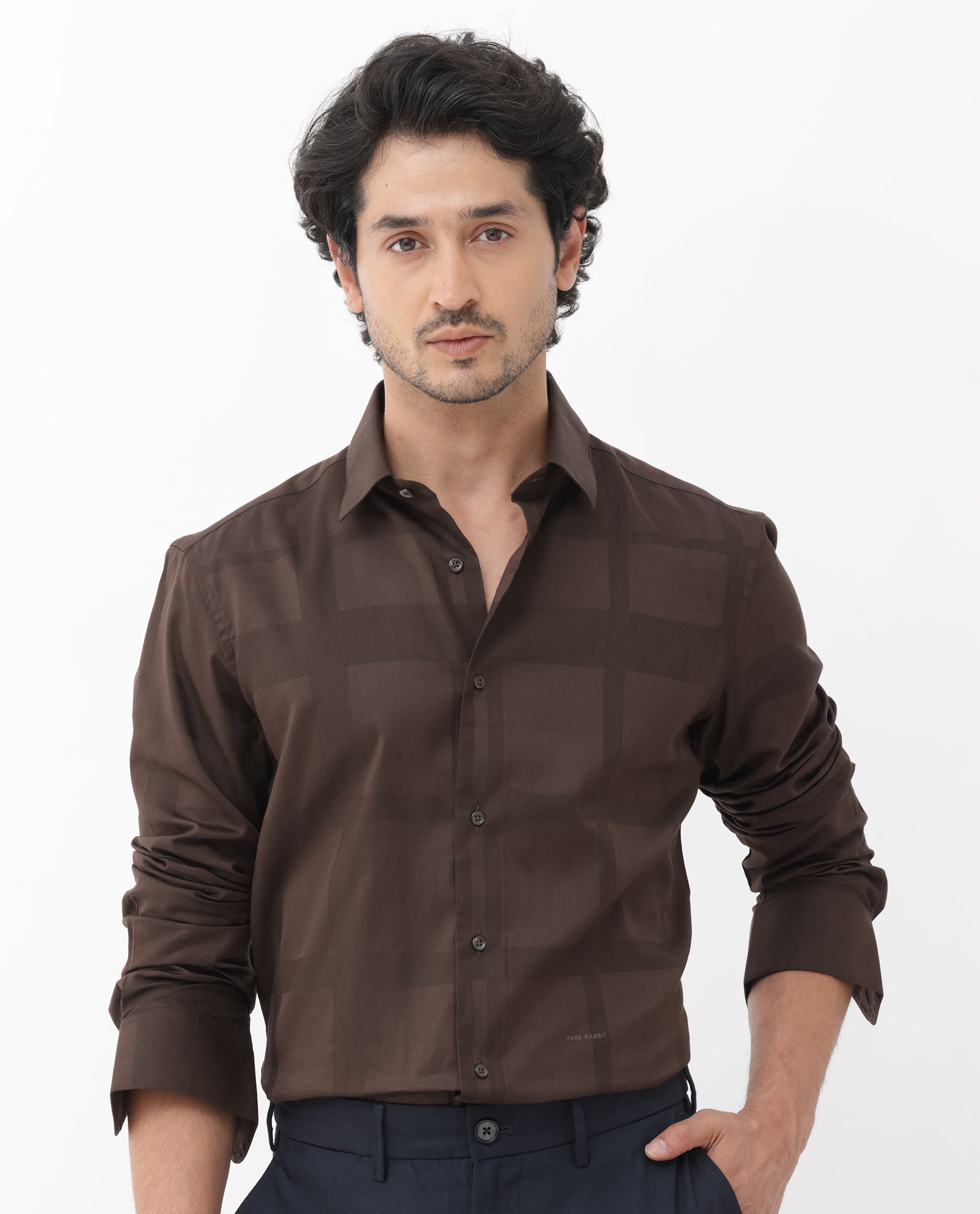 Rare Rabbit Men's Boxline-5 Brown Cotton Lyocell Fabric Full Sleeves Checks Shirt