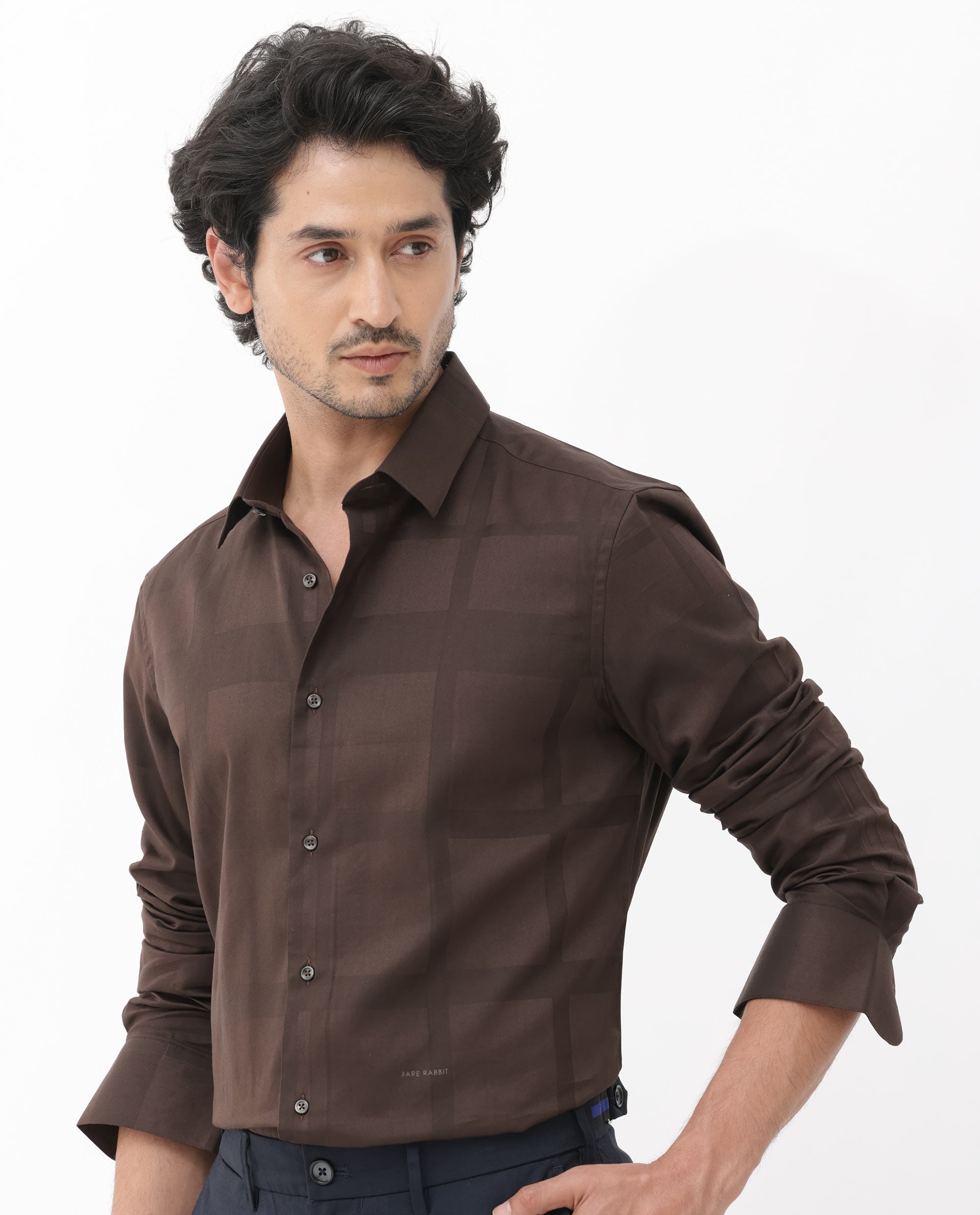 Rare Rabbit Men's Boxline-5 Brown Cotton Lyocell Fabric Full Sleeves Checks Shirt