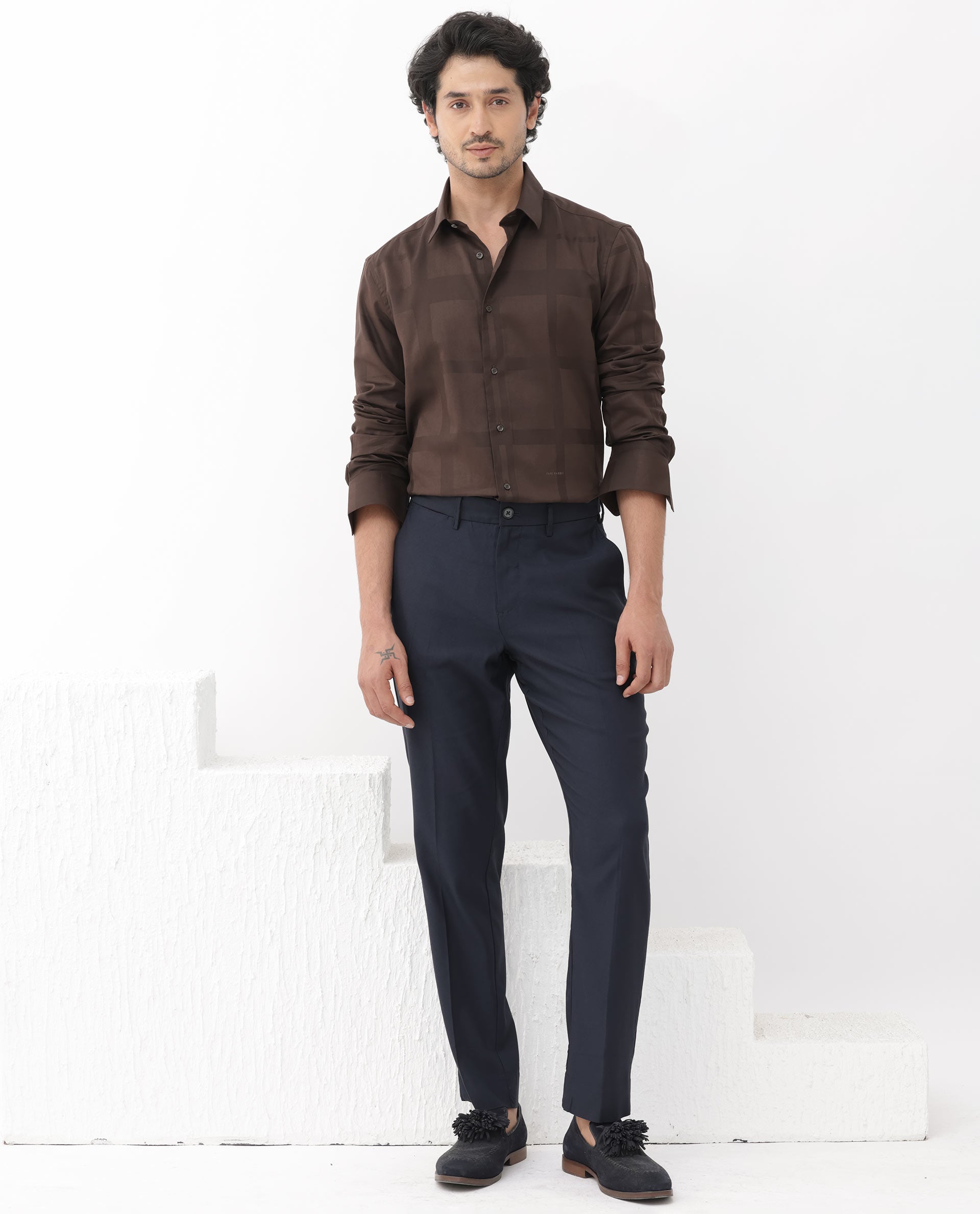 Rare Rabbit Men's Boxline-5 Brown Cotton Lyocell Fabric Full Sleeves Checks Shirt