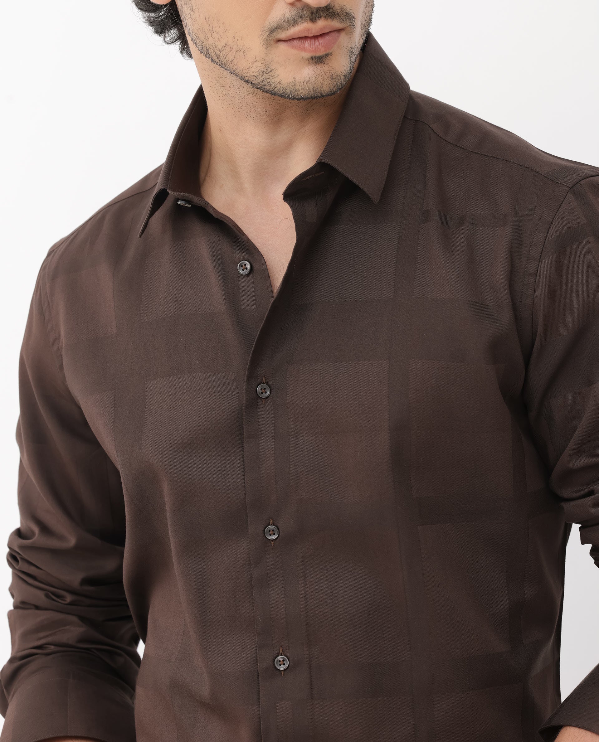 Rare Rabbit Men's Boxline-5 Brown Cotton Lyocell Fabric Full Sleeves Checks Shirt