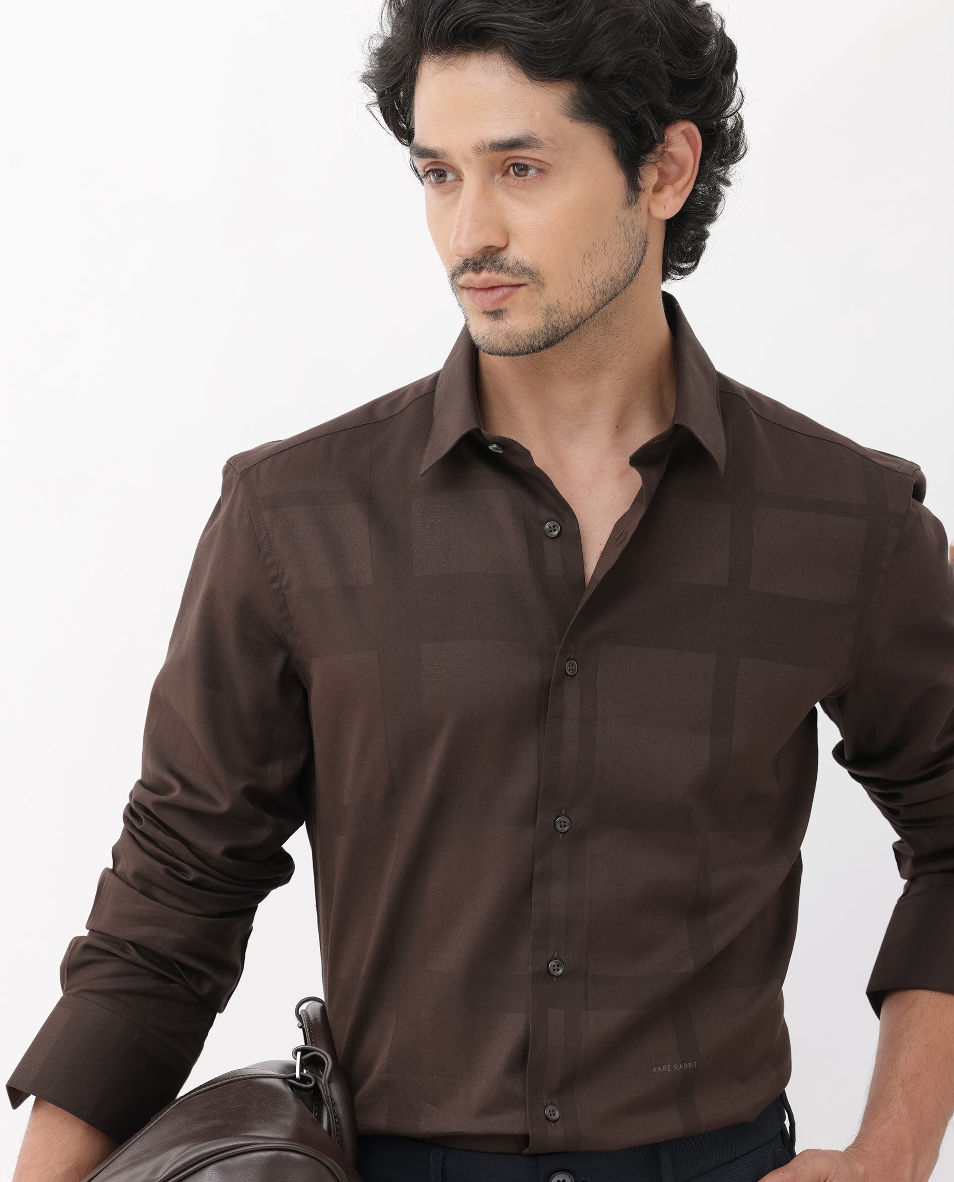 Rare Rabbit Men's Boxline-5 Brown Cotton Lyocell Fabric Full Sleeves Checks Shirt