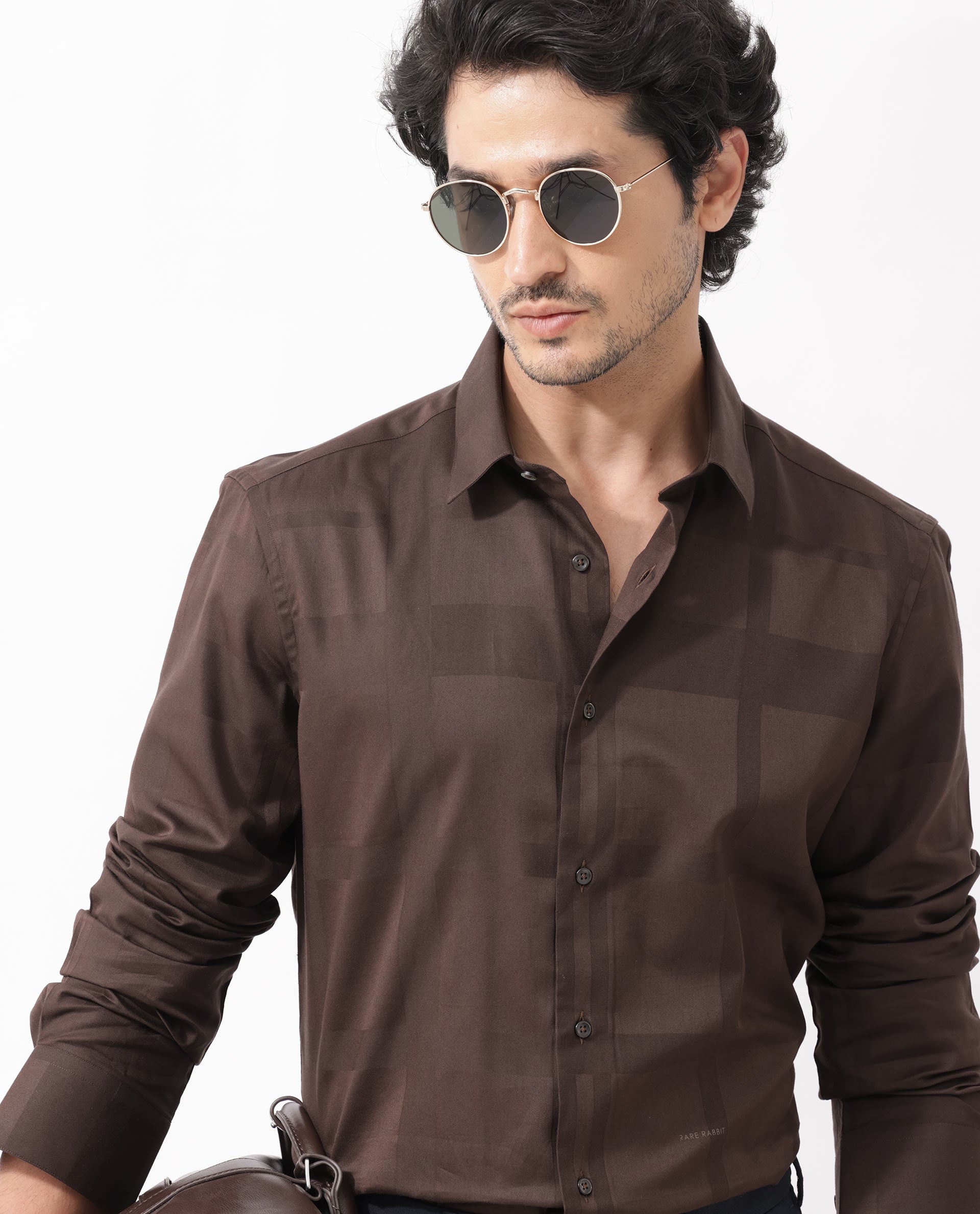 Rare Rabbit Men's Boxline-5 Brown Cotton Lyocell Fabric Full Sleeves Checks Shirt