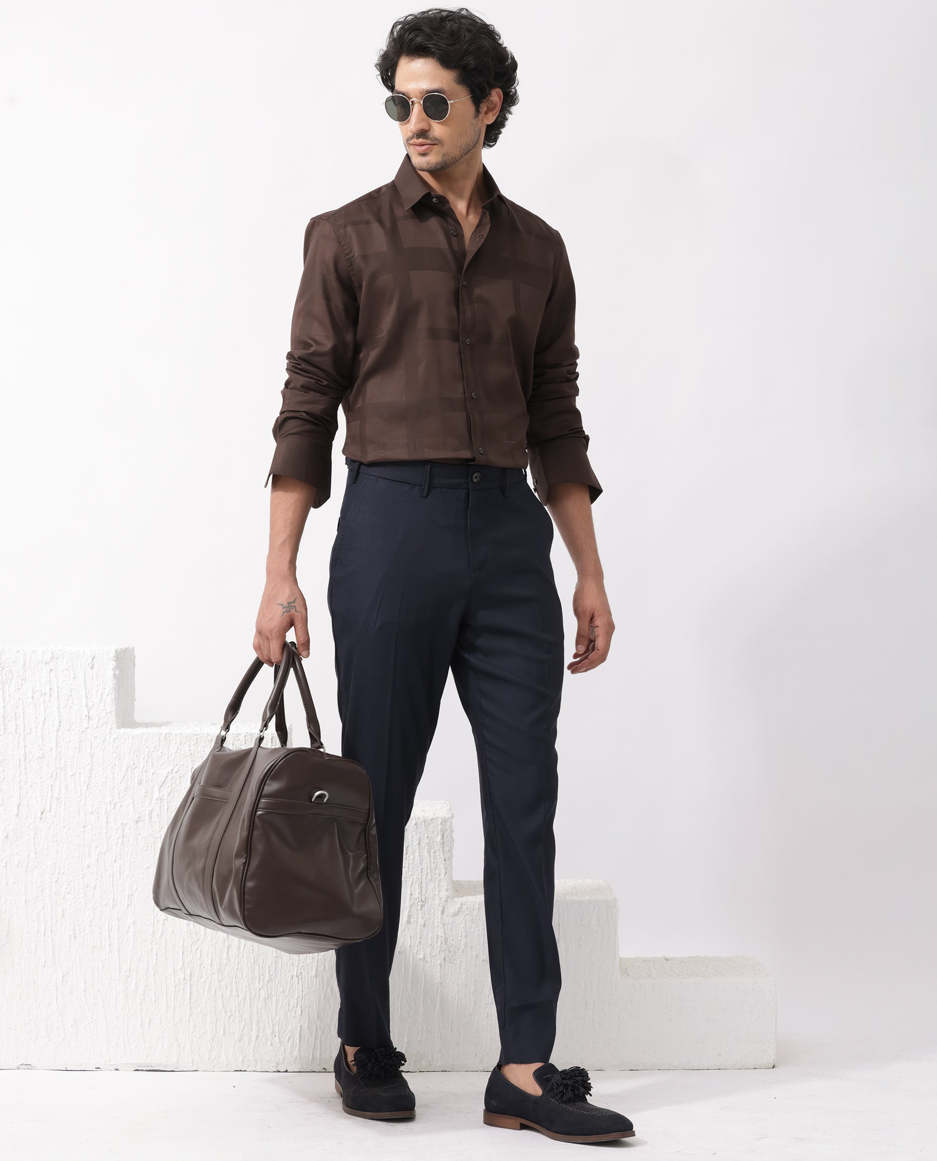 Rare Rabbit Men's Boxline-5 Brown Cotton Lyocell Fabric Full Sleeves Checks Shirt