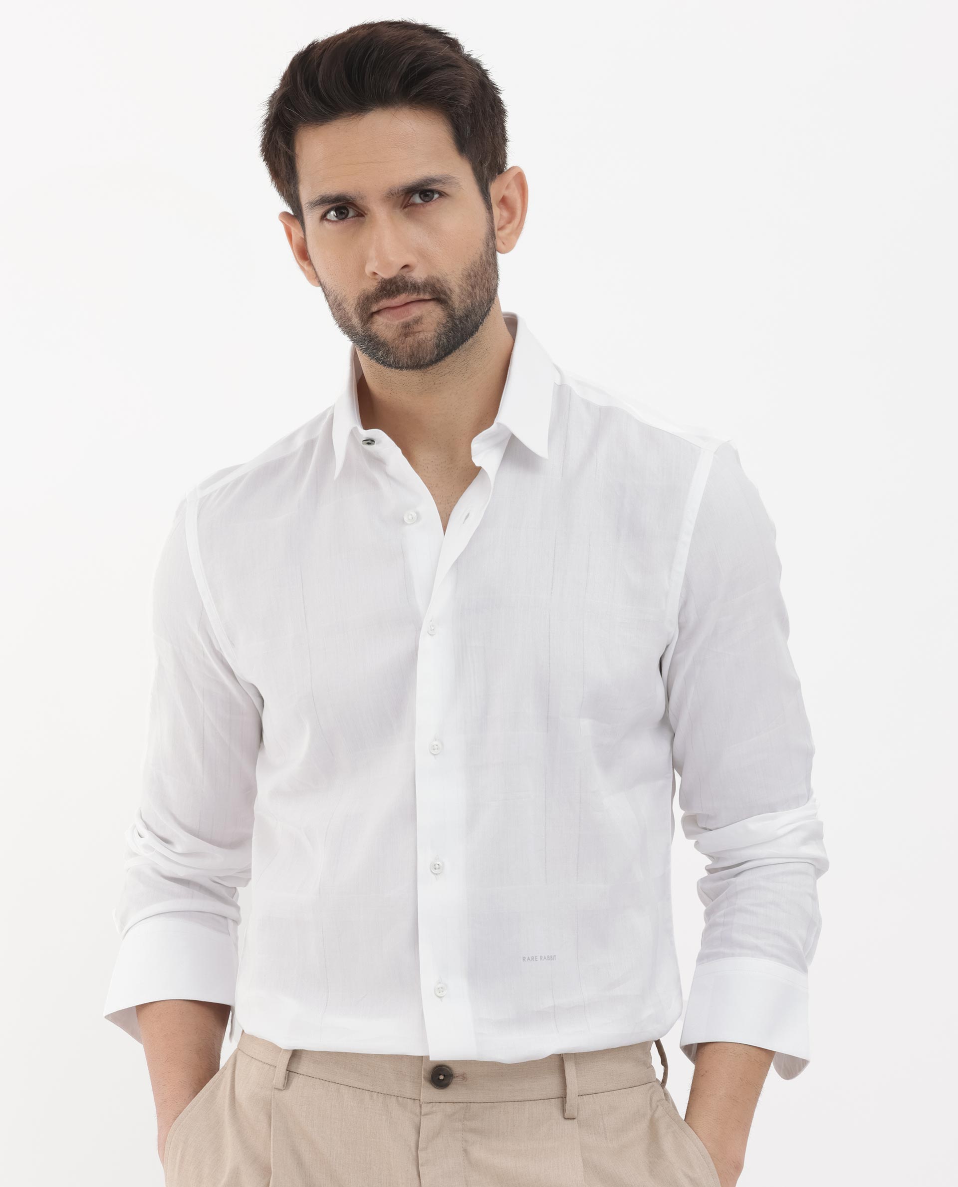 Rare Rabbit Men's Boxline-5 White Cotton Lyocell Fabric Full Sleeves Checks Shirt