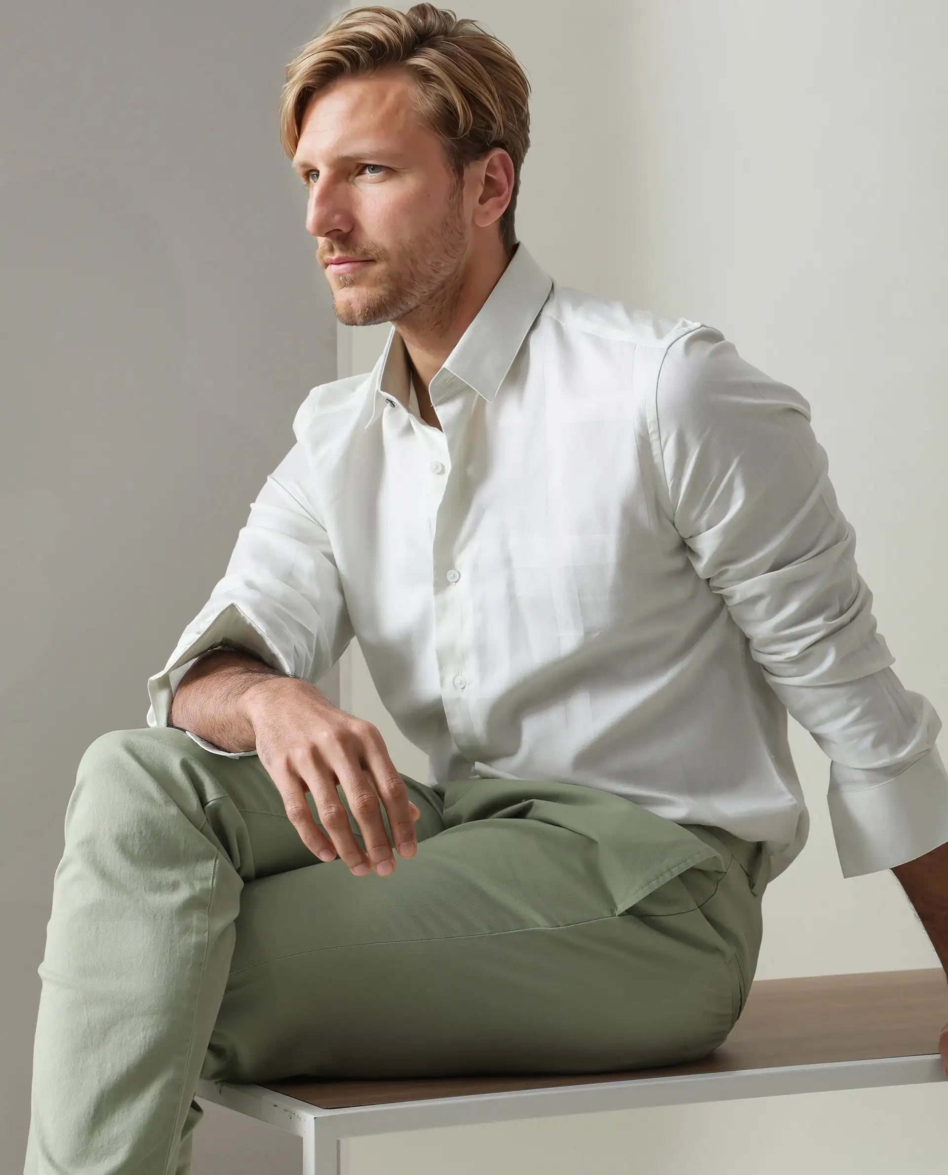 Rare Rabbit Men's Boxline Off White Cotton Lyocell Fabric Full Sleeves Checks Shirt