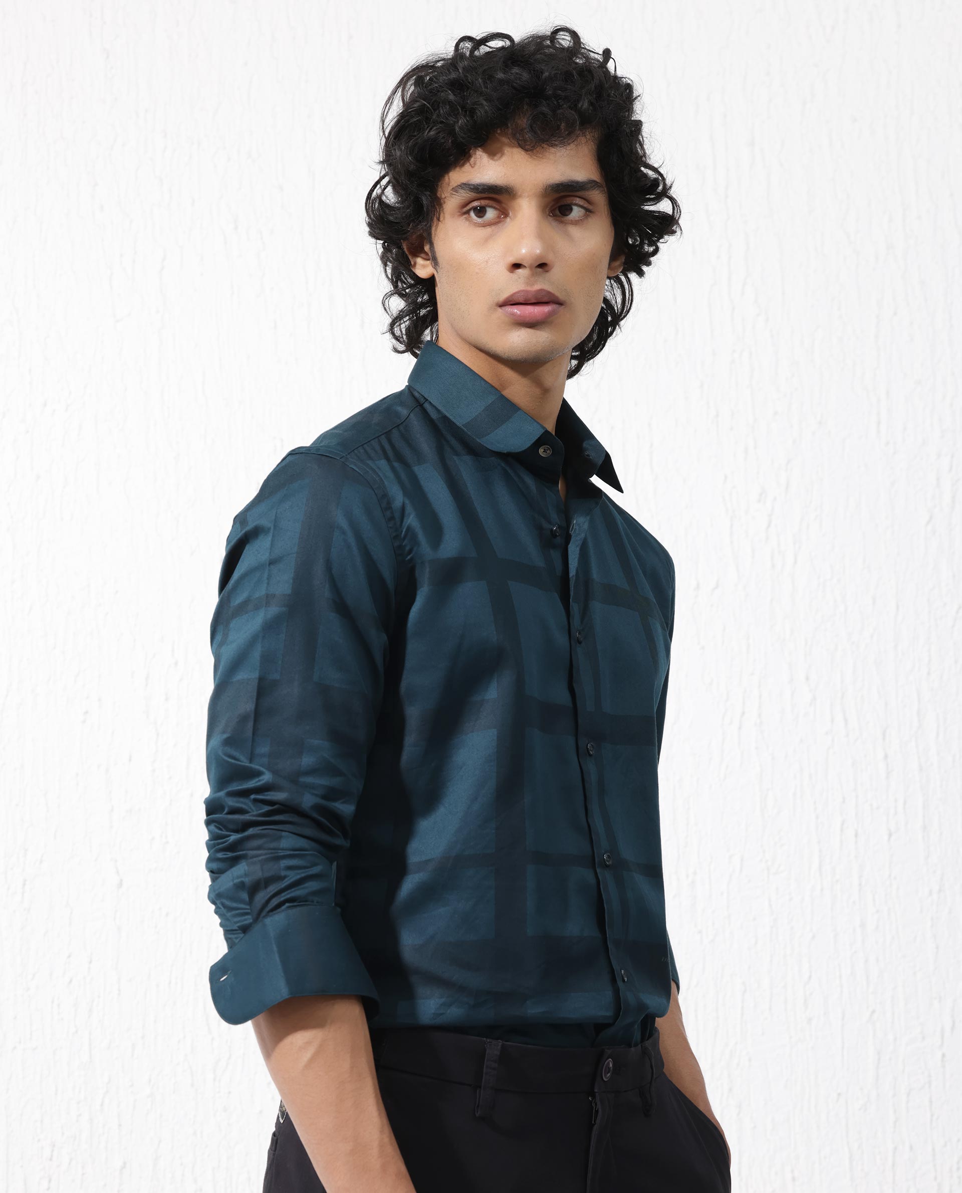 Rare Rabbit Men's Boxline- 5 Dark Teal Cotton Lyocell Fabric Full Sleeves Checks Shirt