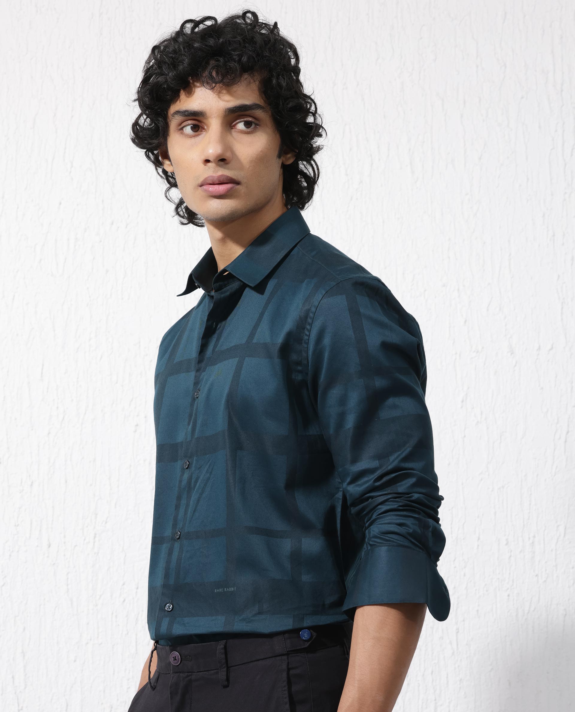 Rare Rabbit Men's Boxline- 5 Dark Teal Cotton Lyocell Fabric Full Sleeves Checks Shirt