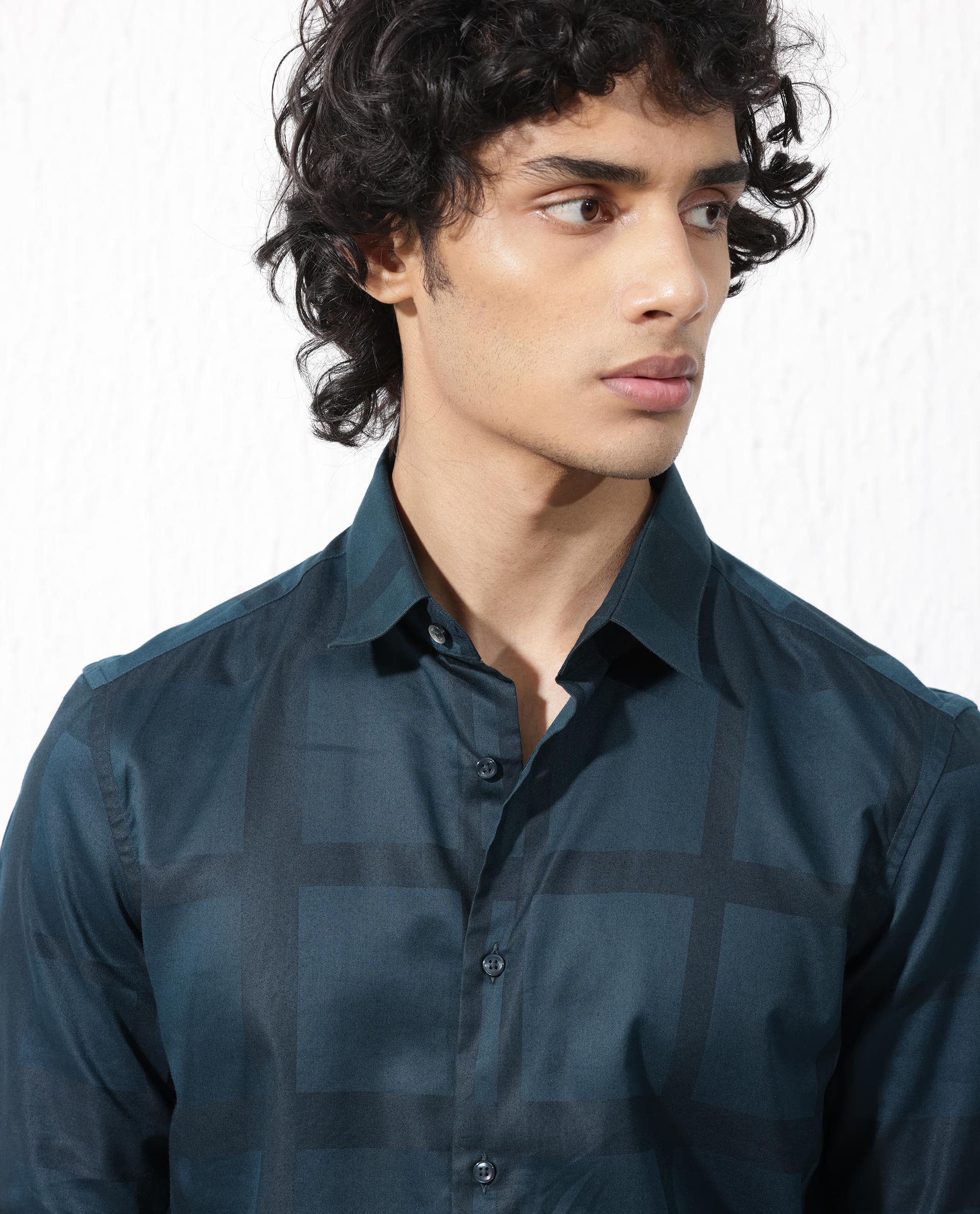 Rare Rabbit Men's Boxline- 5 Dark Teal Cotton Lyocell Fabric Full Sleeves Checks Shirt