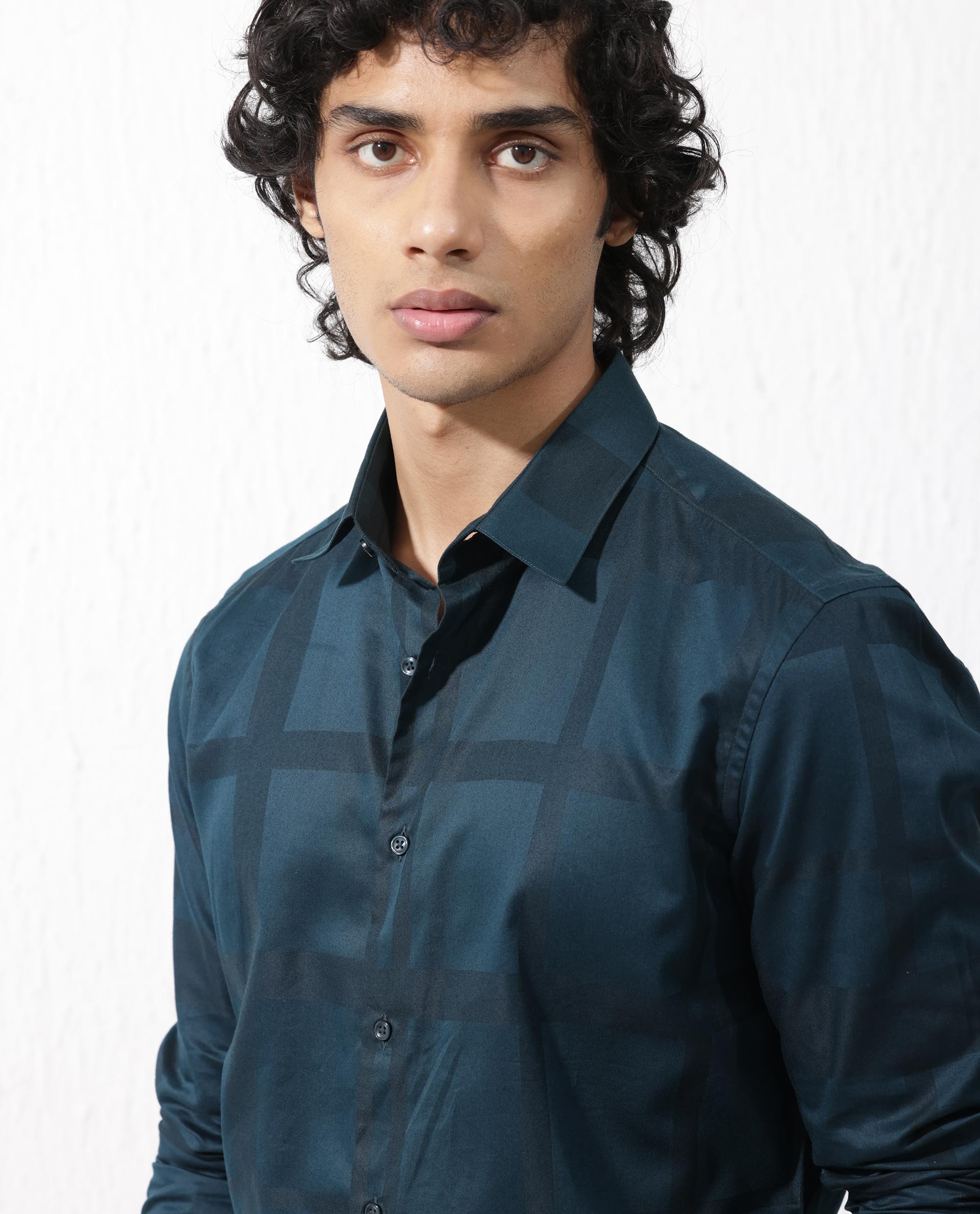 Rare Rabbit Men's Boxline- 5 Dark Teal Cotton Lyocell Fabric Full Sleeves Checks Shirt