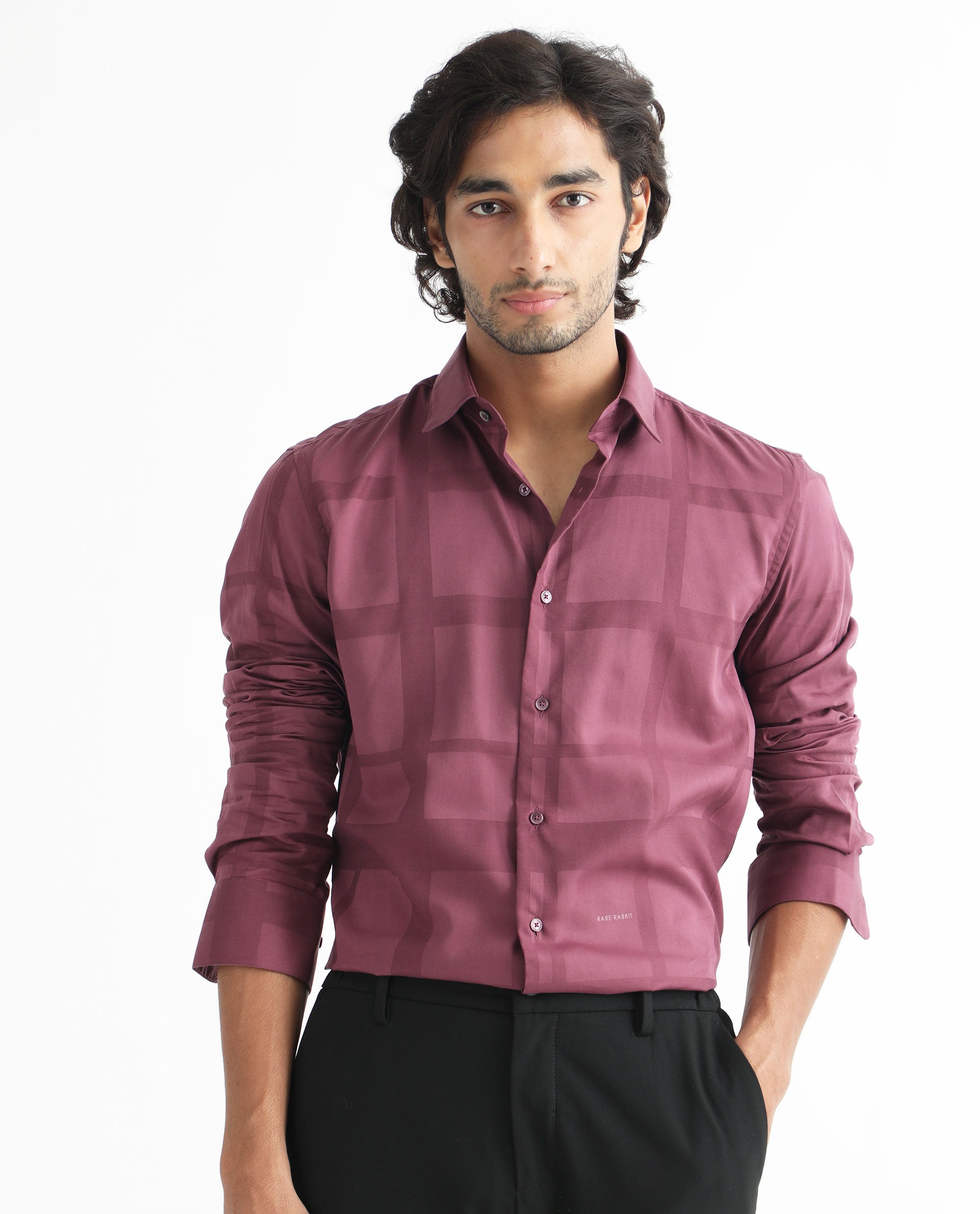 Rare Rabbit Men's Boxline Maroon Cotton Lyocell Fabric Full Sleeves Checks Print Shirt