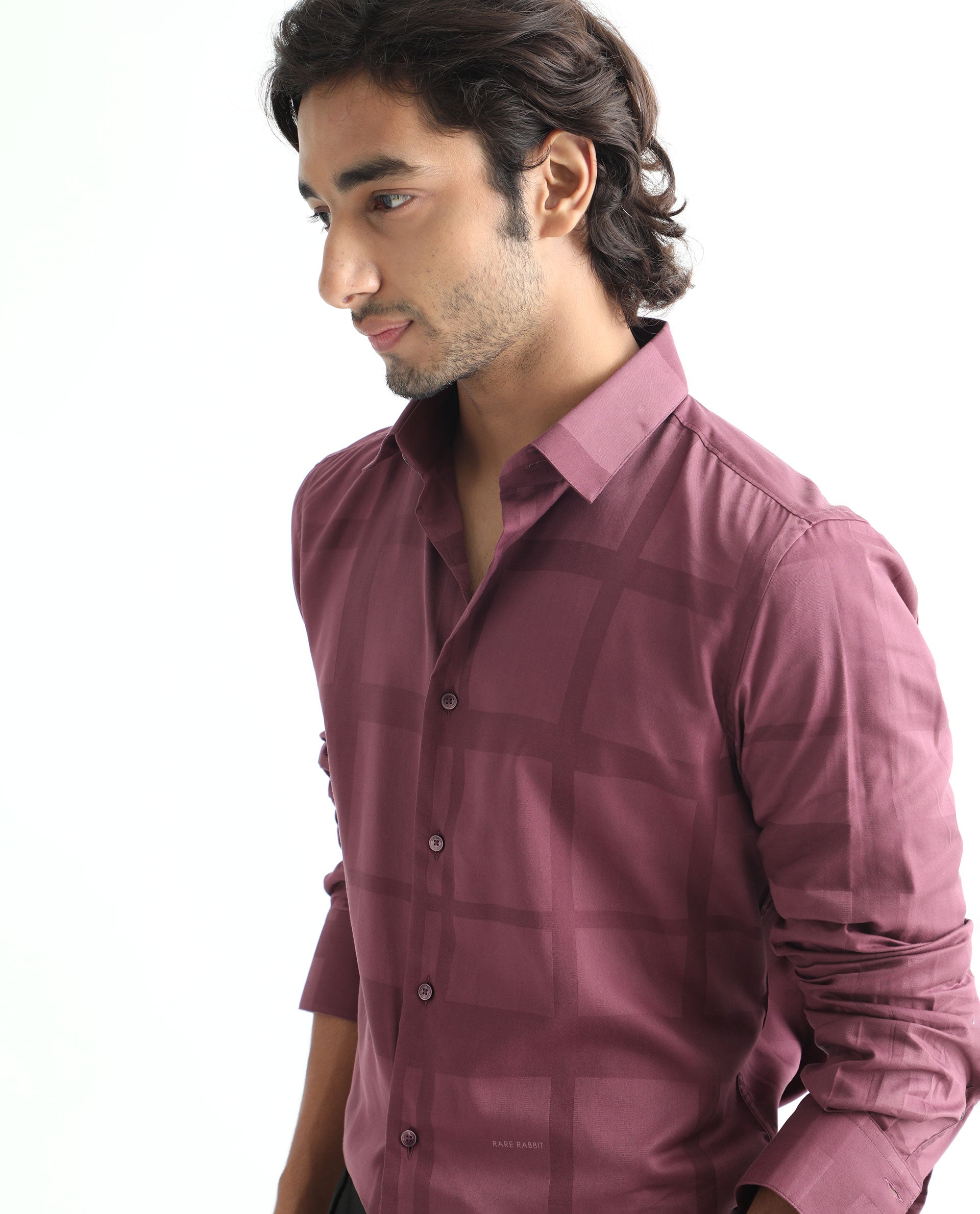 Rare Rabbit Men's Boxline Maroon Cotton Lyocell Fabric Full Sleeves Checks Print Shirt