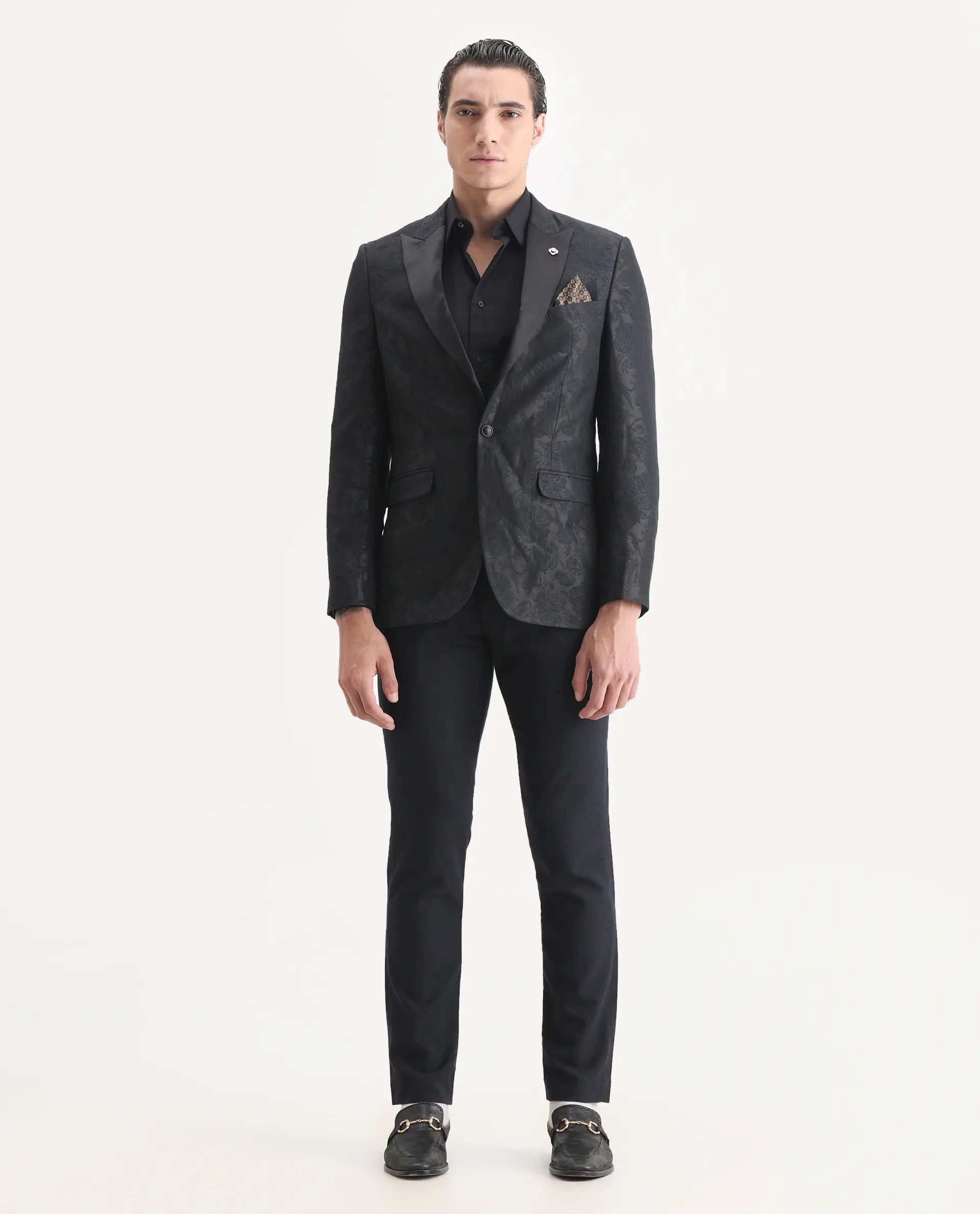 Rare Rabbit Men's Boxton Black Polyester Jacquard Tailored Fit Full Sleeve Lapel Neck Blazer