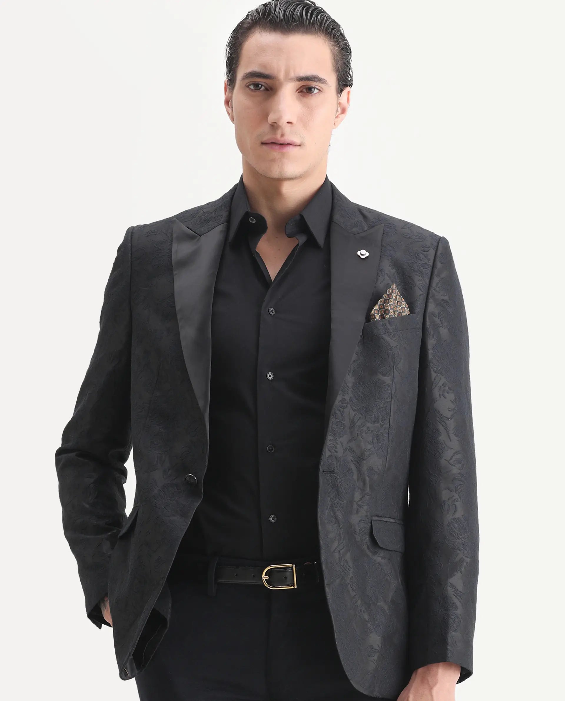 Rare Rabbit Men's Boxton Black Polyester Jacquard Tailored Fit Full Sleeve Lapel Neck Blazer