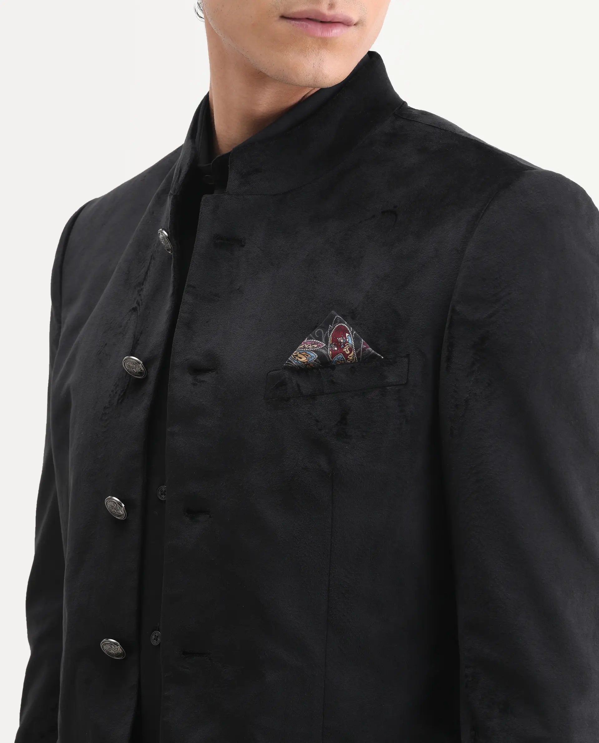 Rare Rabbit Men's Bozelli Black Velvet Plain Tailored Fit Full Sleeve Mandarin Collar Bandhgala