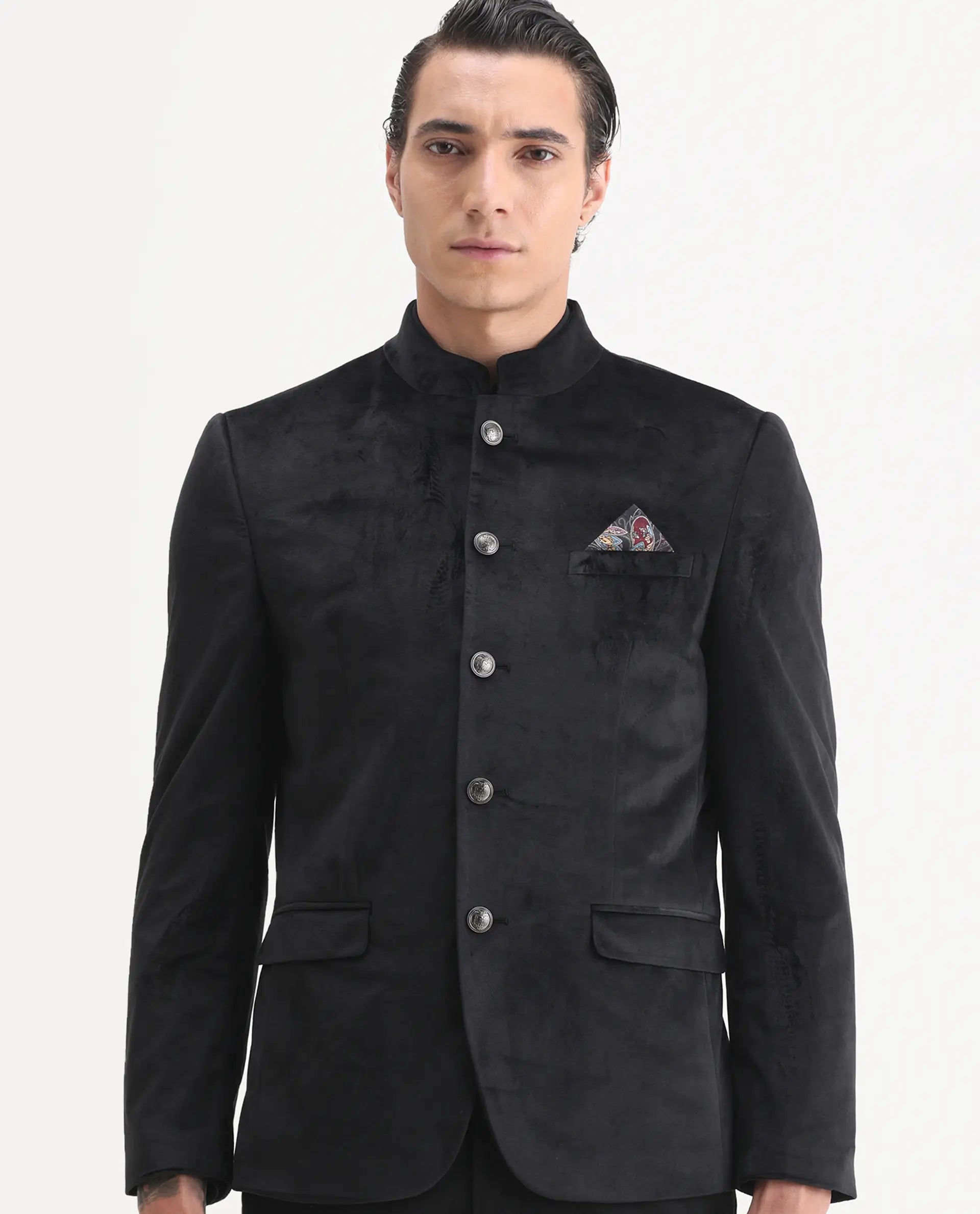 Rare Rabbit Men's Bozelli Black Velvet Plain Tailored Fit Full Sleeve Mandarin Collar Bandhgala