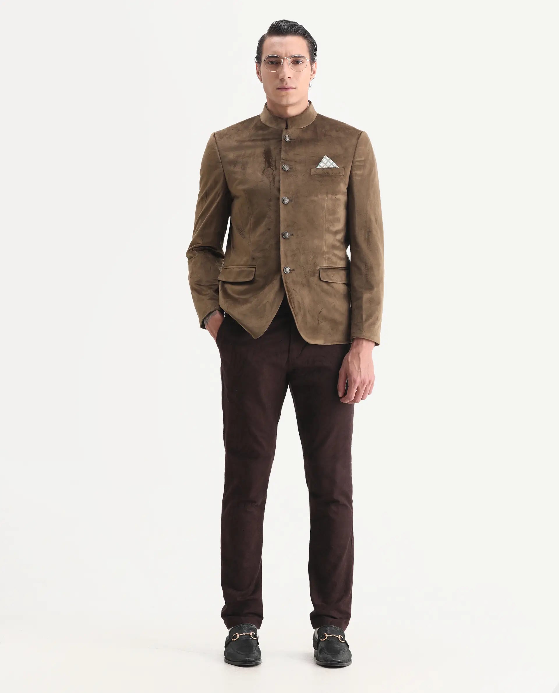 Rare Rabbit Men's Bozelli Olive Velvet Plain Tailored Fit Full Sleeve Mandarin Collar Bandhgala