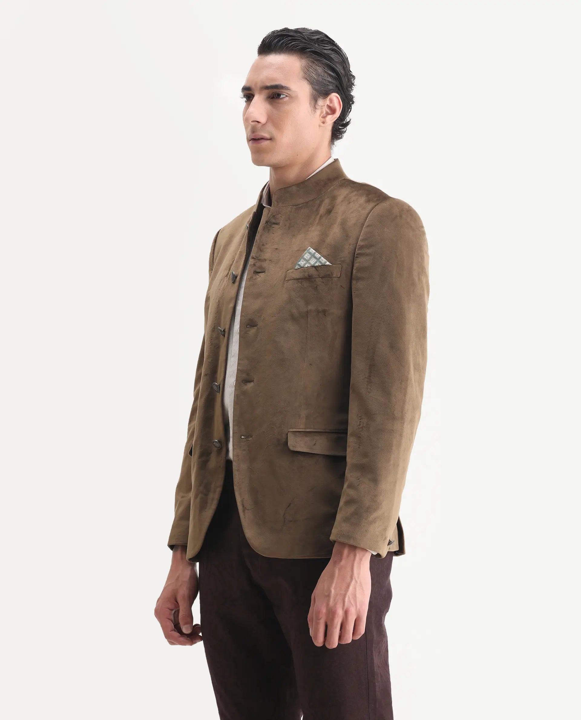 Rare Rabbit Men's Bozelli Olive Velvet Plain Tailored Fit Full Sleeve Mandarin Collar Bandhgala