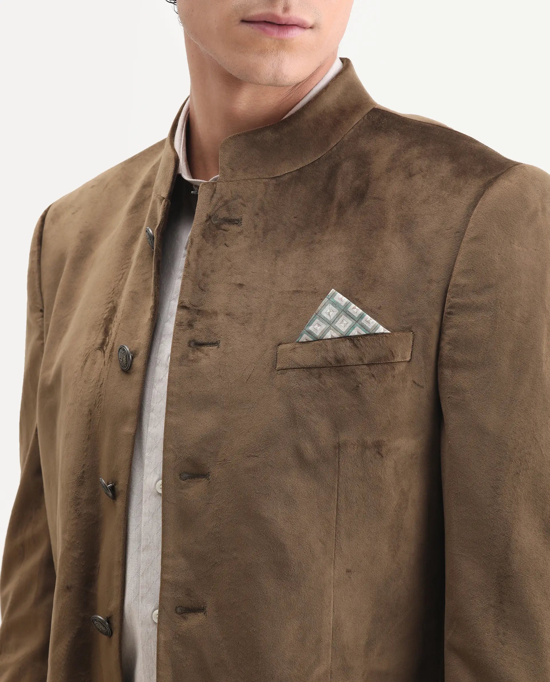 Rare Rabbit Men's Bozelli Olive Velvet Plain Tailored Fit Full Sleeve Mandarin Collar Bandhgala