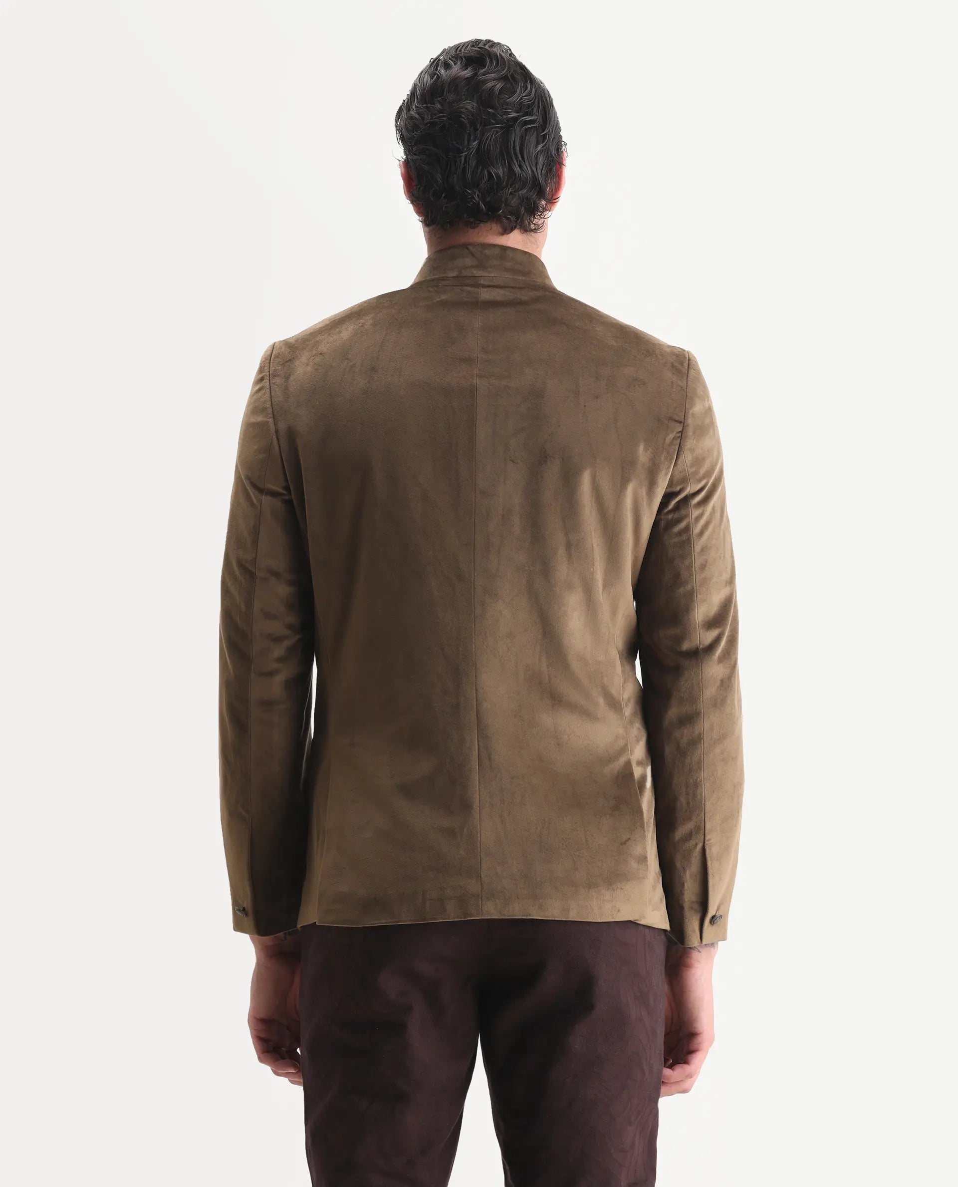 Rare Rabbit Men's Bozelli Olive Velvet Plain Tailored Fit Full Sleeve Mandarin Collar Bandhgala