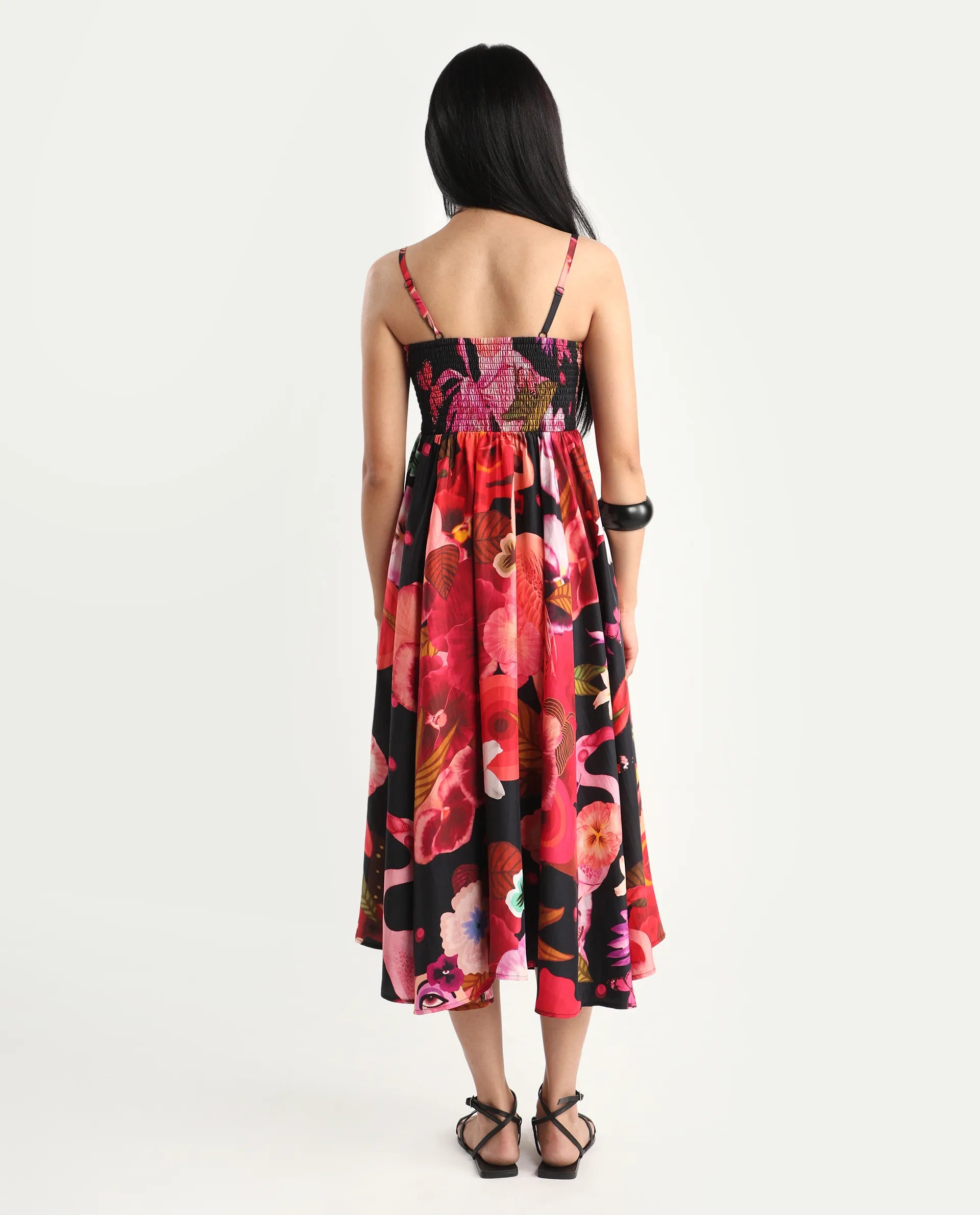 Rareism Women's Bozo Black Silk Sleeveless Fit And Flare Abstract Print Dress