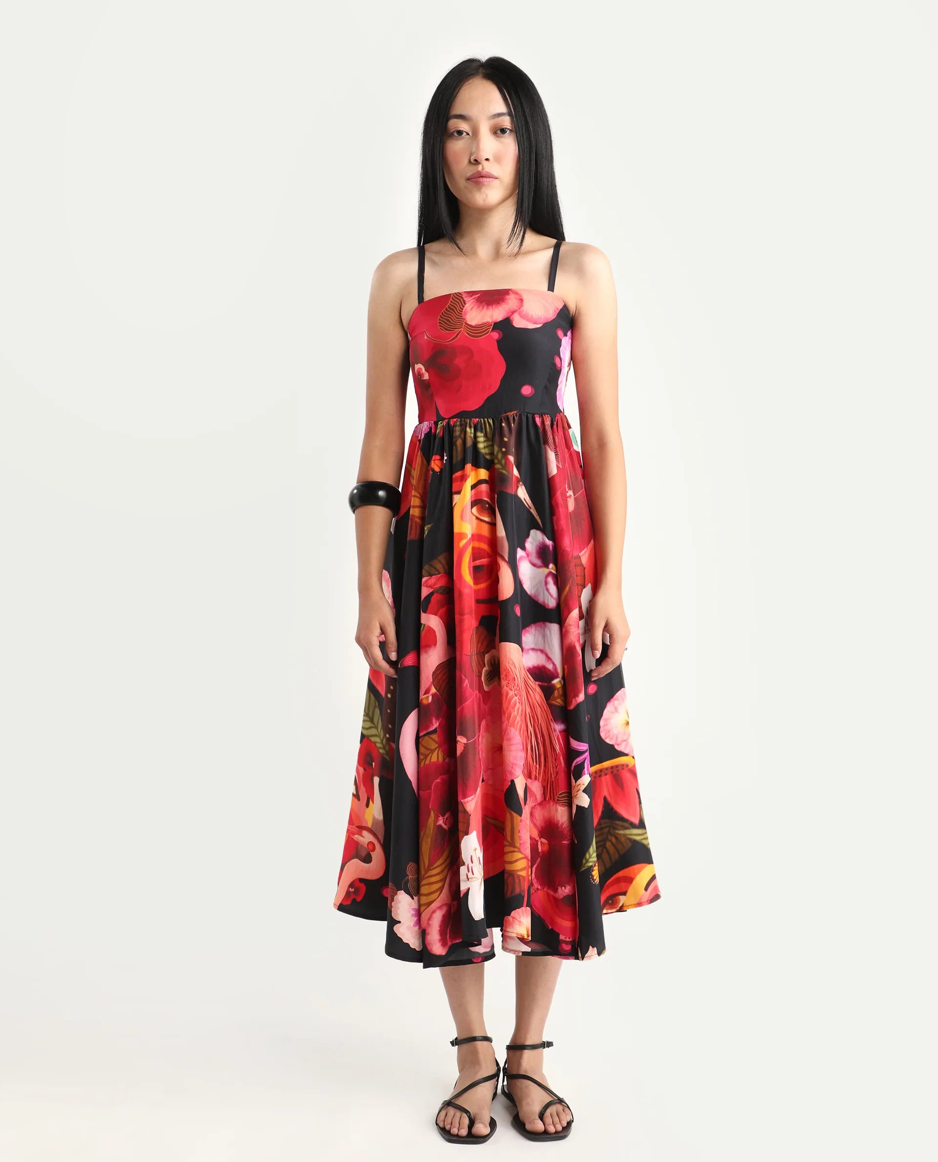 Rareism Women's Bozo Black Silk Sleeveless Fit And Flare Abstract Print Dress