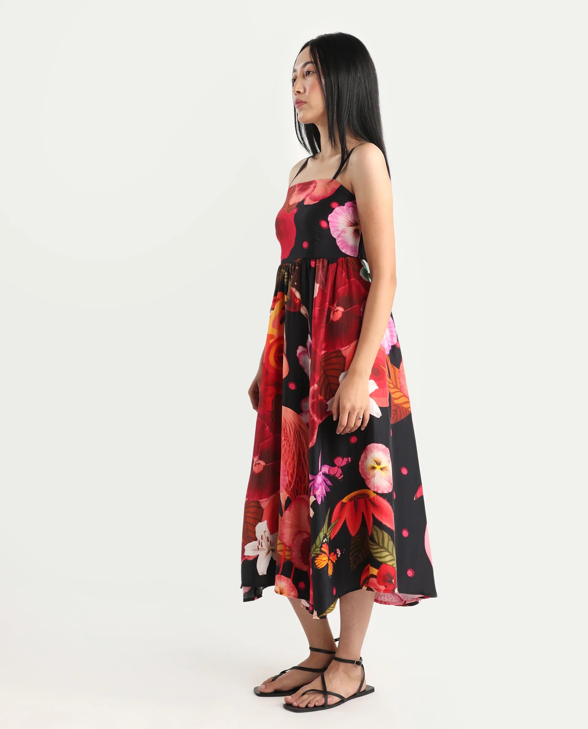 Rareism Women's Bozo Black Silk Sleeveless Fit And Flare Abstract Print Dress