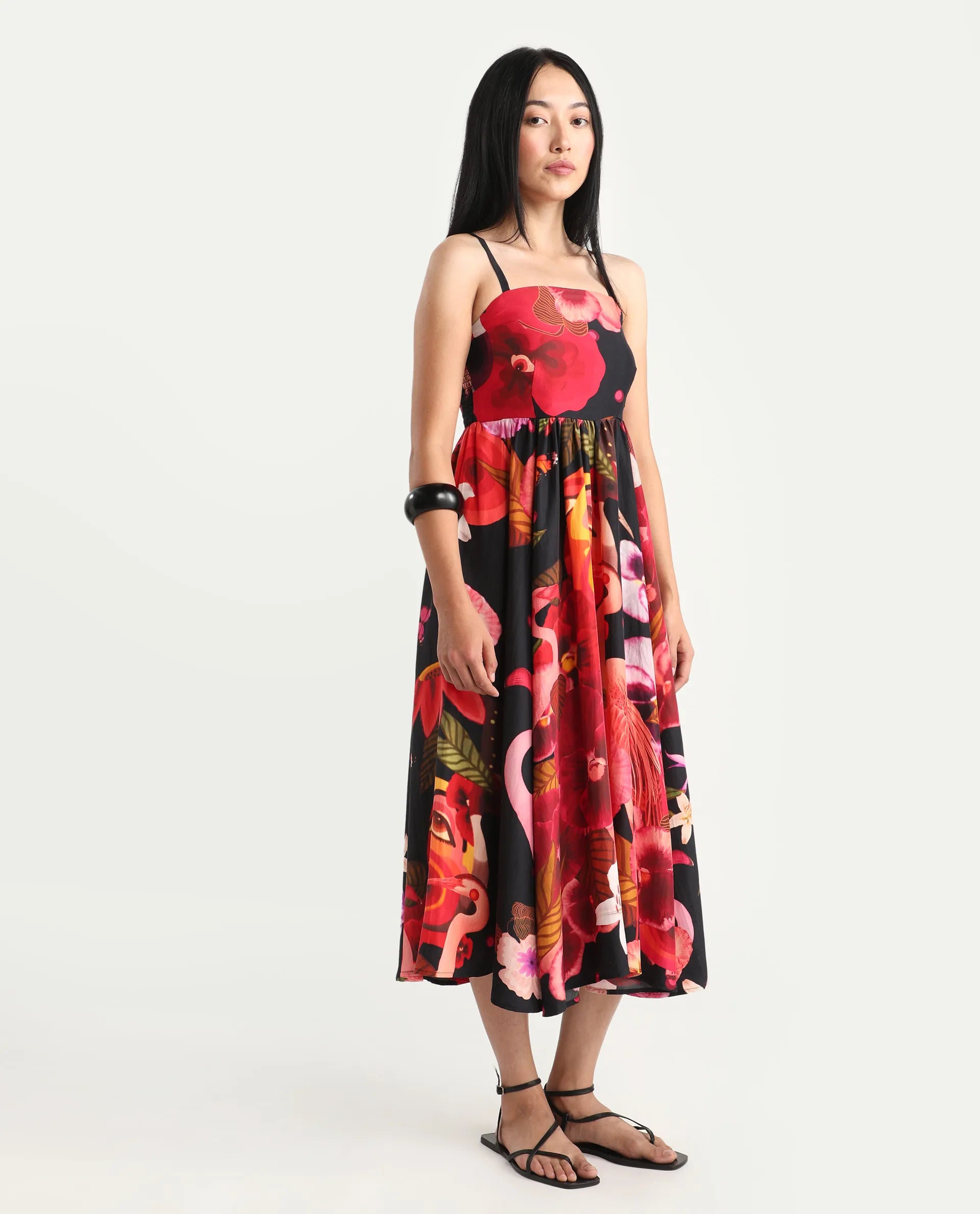 Rareism Women's Bozo Black Silk Sleeveless Fit And Flare Abstract Print Dress