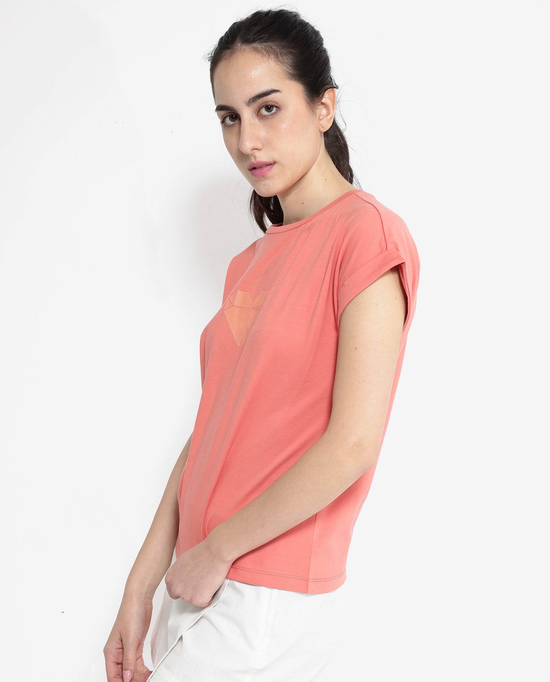 Rareism Women Brahe Light Orange Cotton Fabric Short Sleeves Crew Neck Boxy Fit Graphic Print T-Shirt