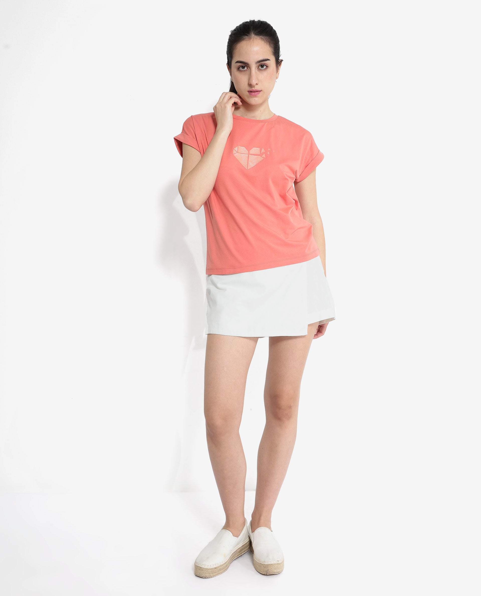 Rareism Women Brahe Light Orange Cotton Fabric Short Sleeves Crew Neck Boxy Fit Graphic Print T-Shirt