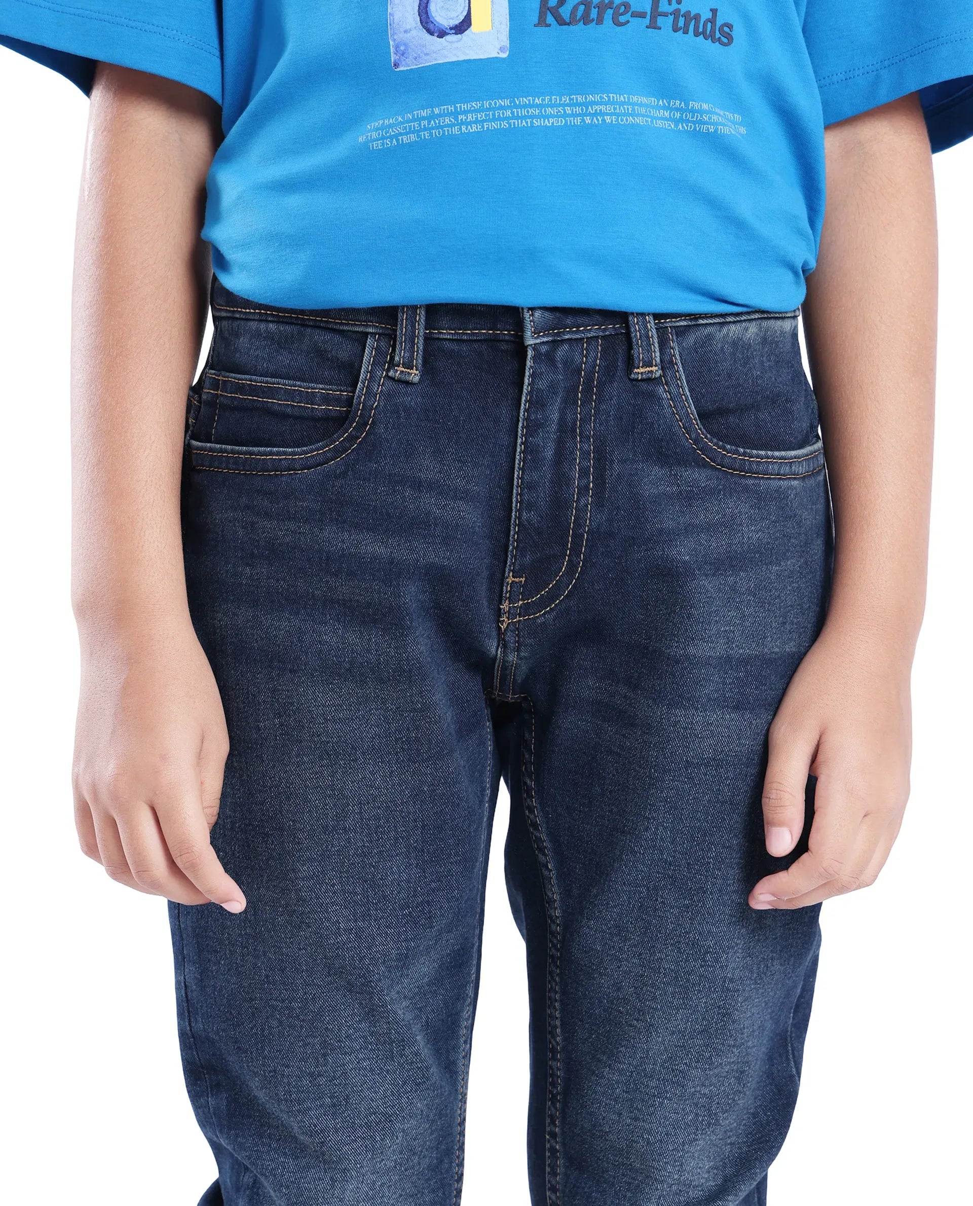 Rare Ones Kids Bram Dark Blue Cotton Solid Button And Zip Closure Slim Fit Jeans