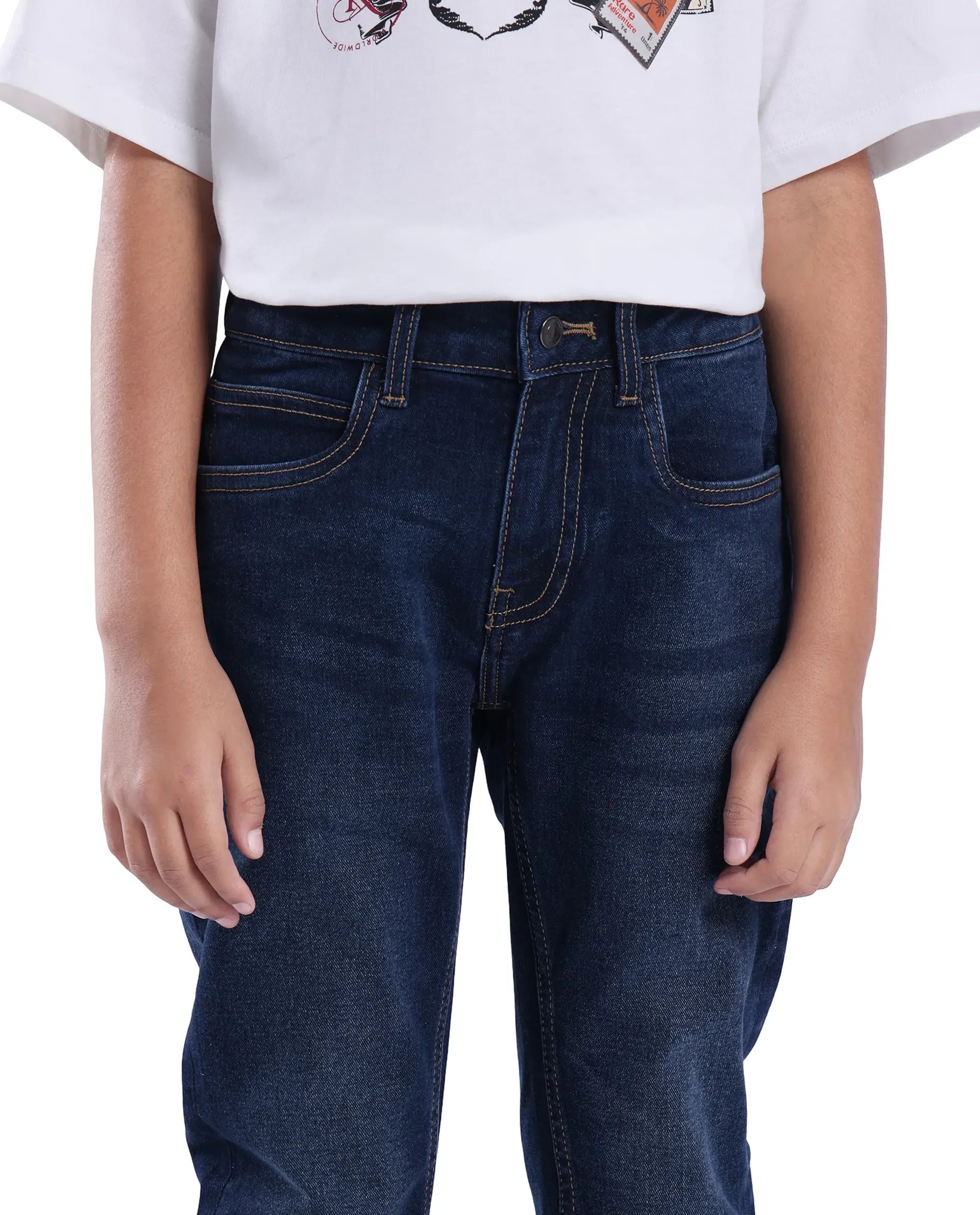 Rare Ones Kids Bram Light Blue Cotton Solid Button And Zip Closure Slim Fit Jeans