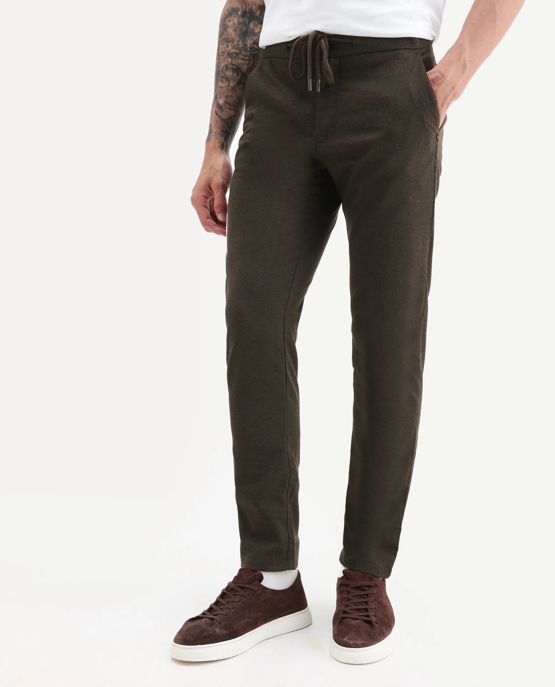 Rare Rabbit Men's Brando Brown Plain Regular Fit Trouser