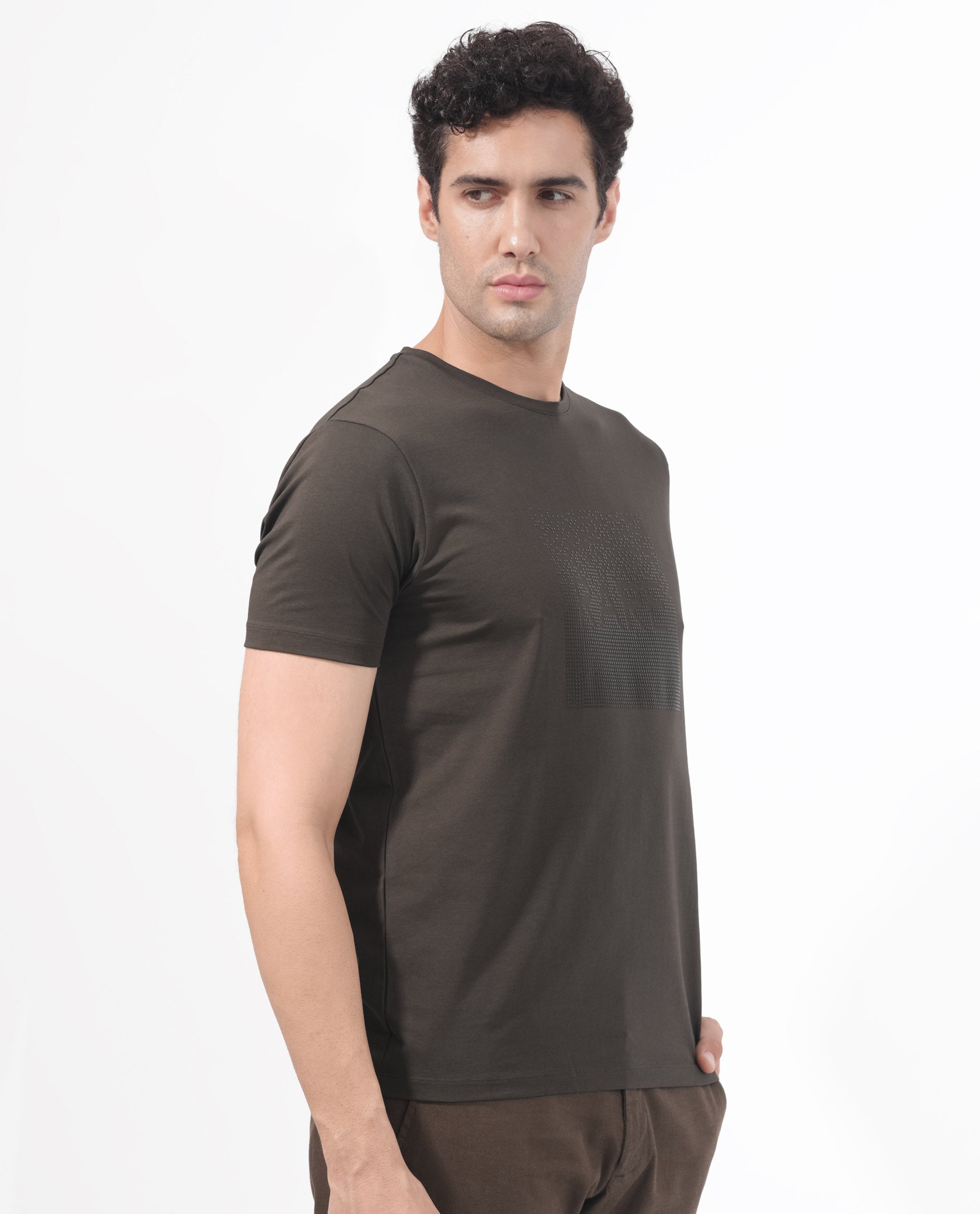 Rare Rabbit Mens Brandon Olive Short Sleeve Graphic Printed T-Shirt