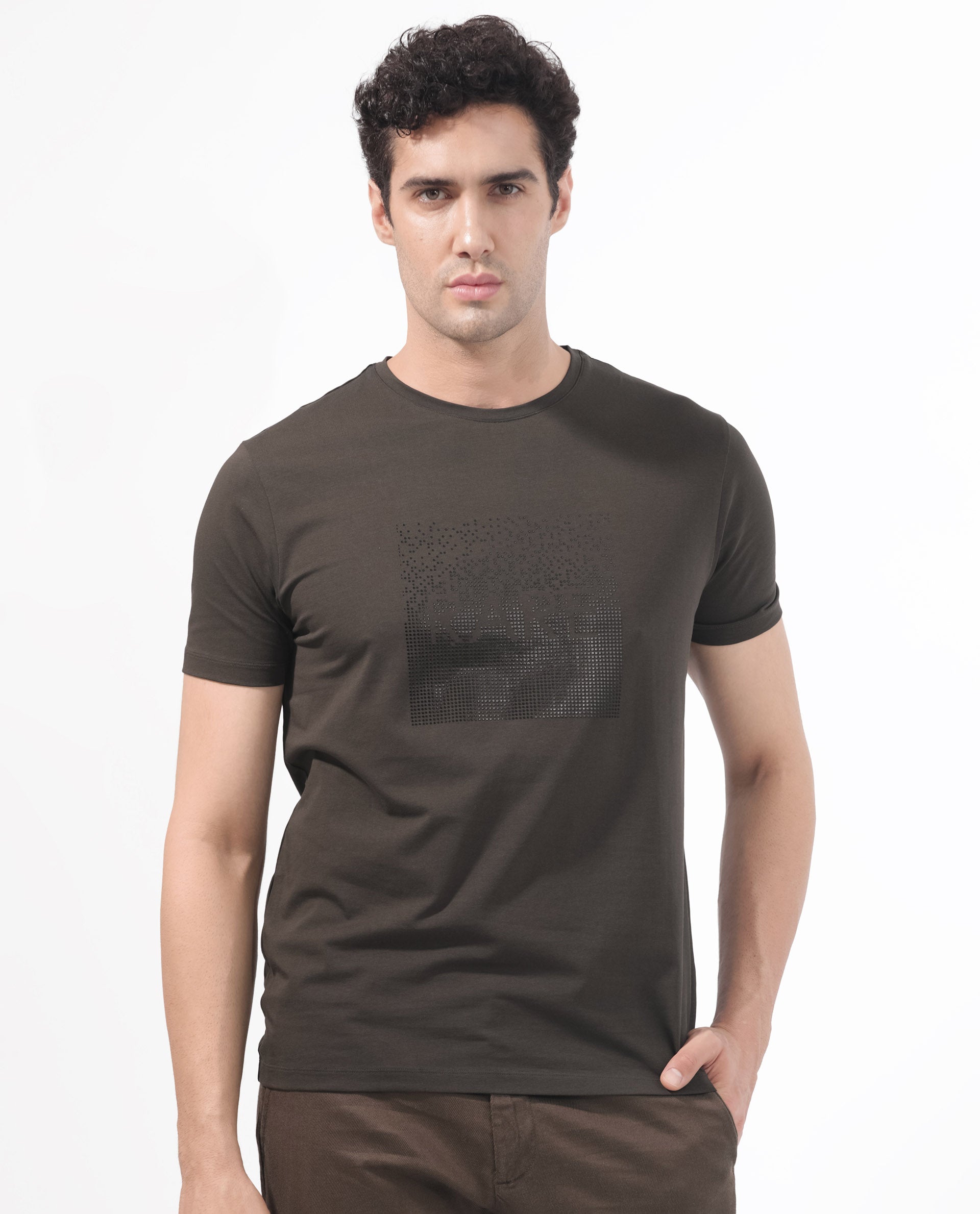 Rare Rabbit Mens Brandon Olive Short Sleeve Graphic Printed T-Shirt