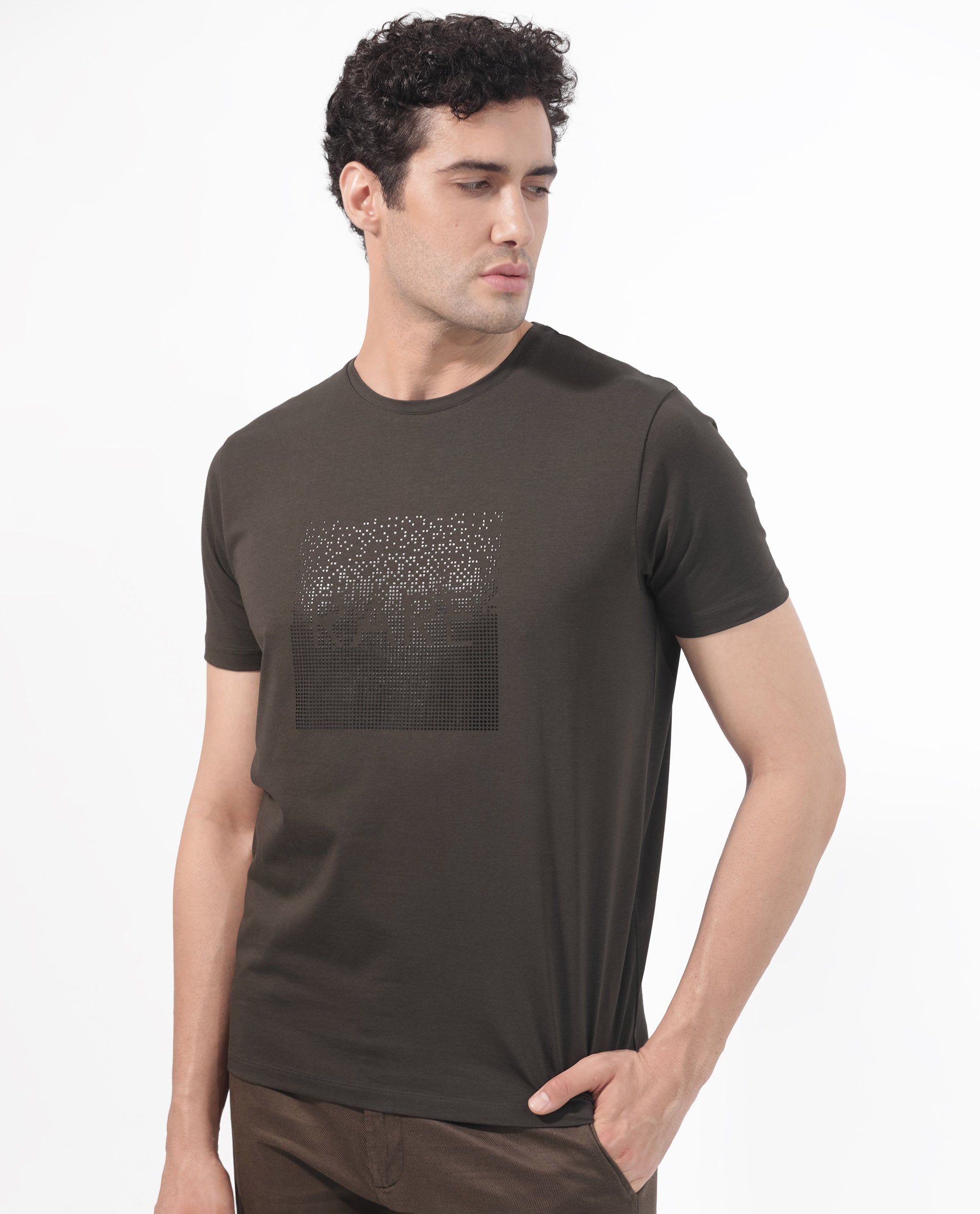 Rare Rabbit Mens Brandon Olive Short Sleeve Graphic Printed T-Shirt