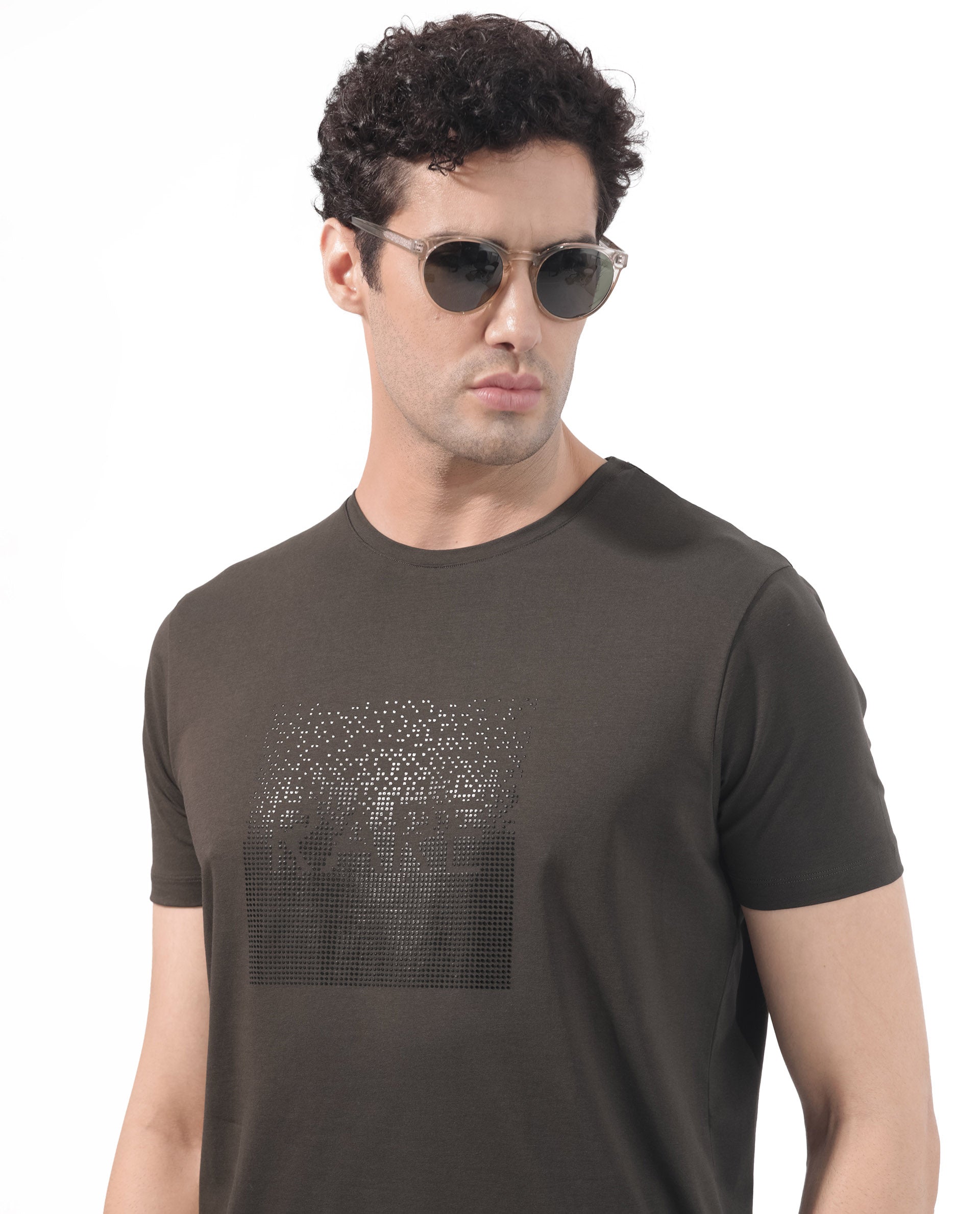 Rare Rabbit Mens Brandon Olive Short Sleeve Graphic Printed T-Shirt