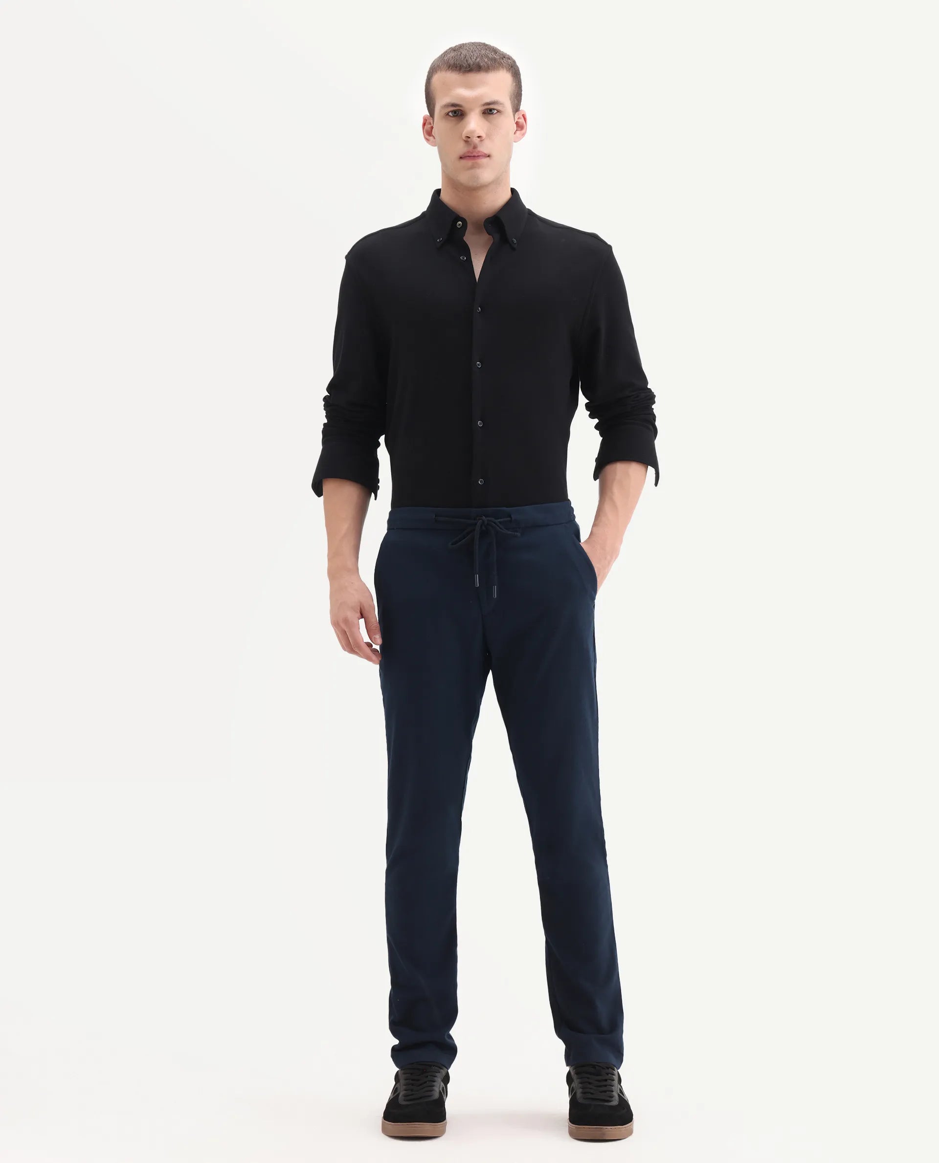 Rare Rabbit Men's Brando Navy Plain Regular Fit Trouser