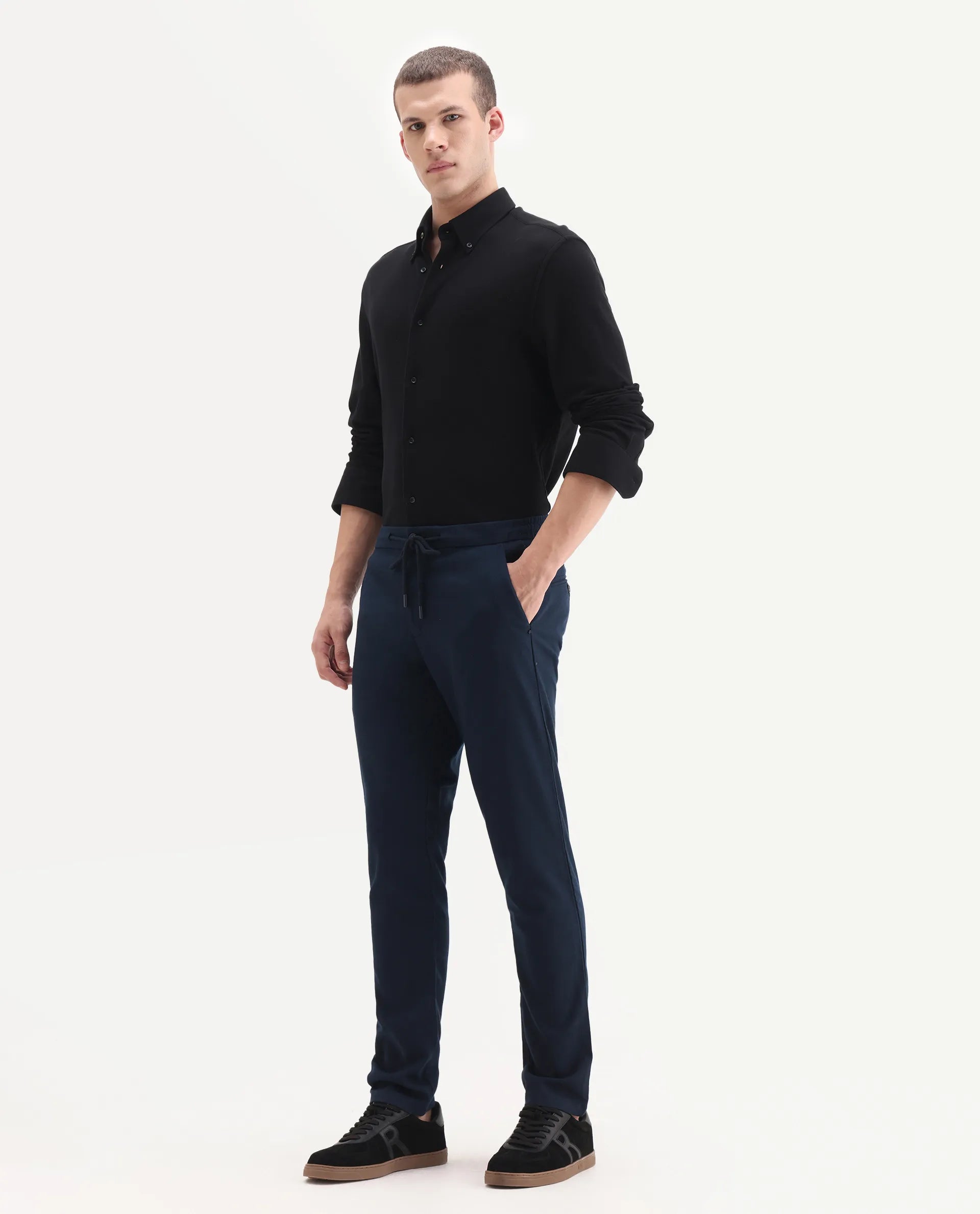 Rare Rabbit Men's Brando Navy Plain Regular Fit Trouser