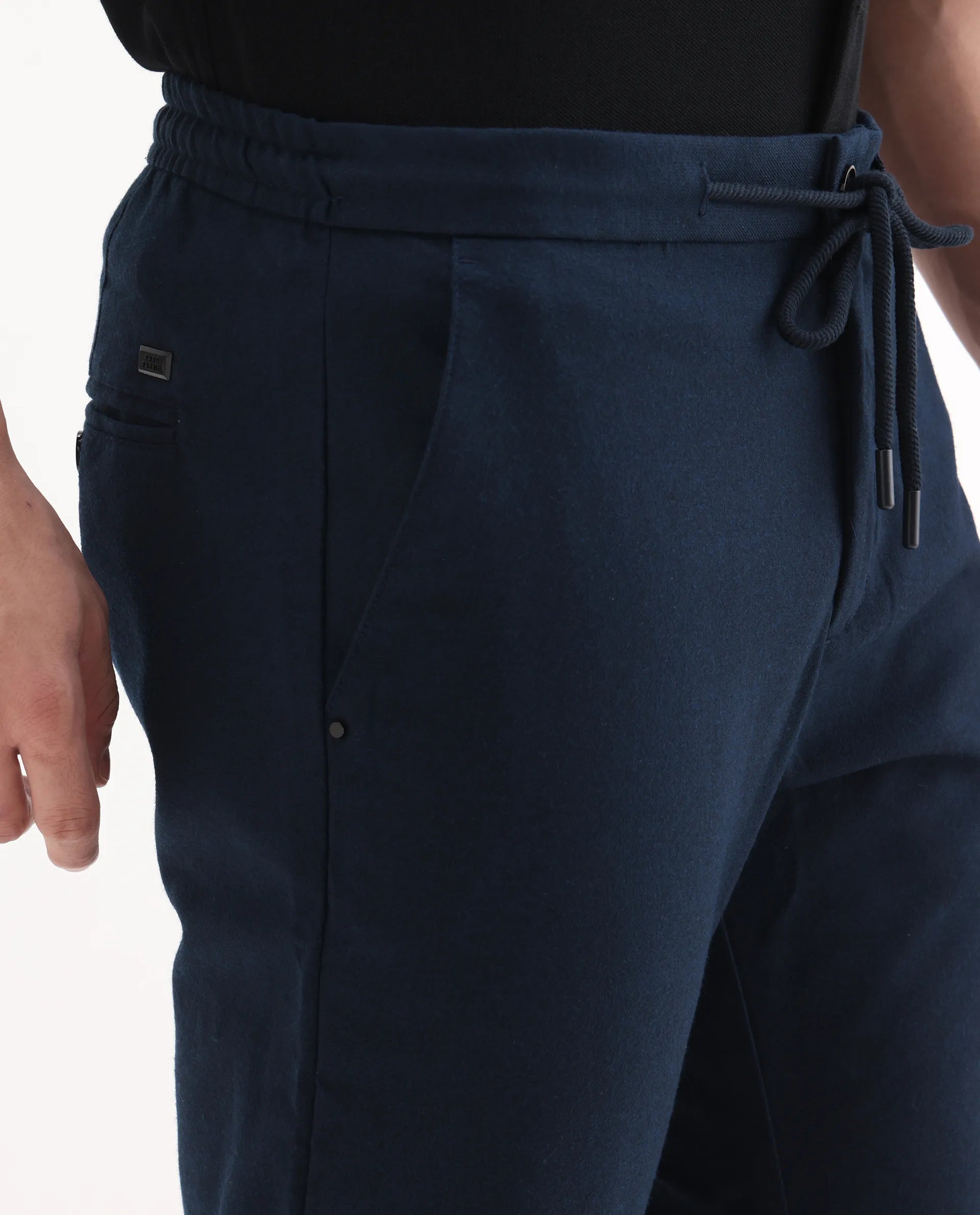 Rare Rabbit Men's Brando Navy Plain Regular Fit Trouser