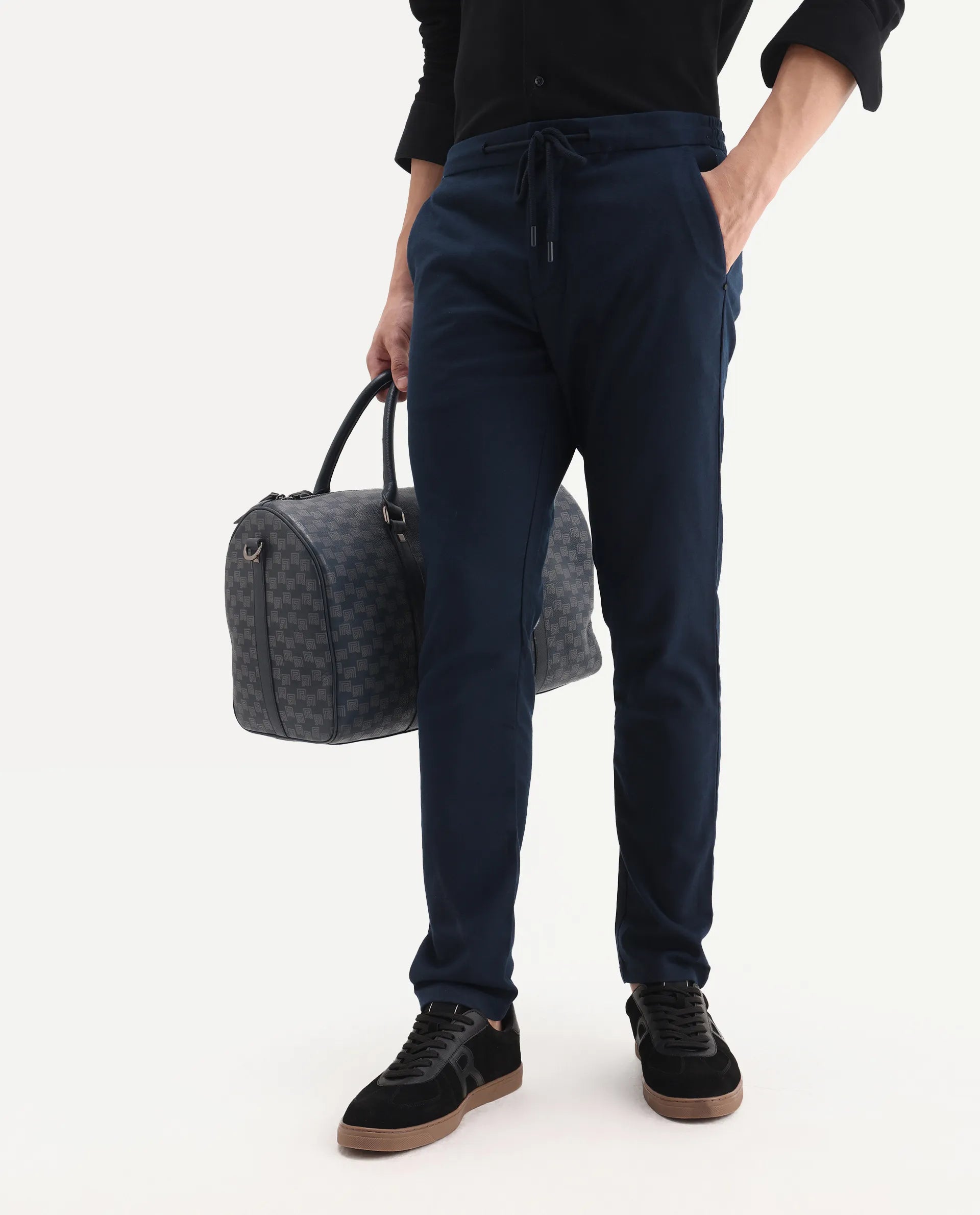 Rare Rabbit Men's Brando Navy Plain Regular Fit Trouser