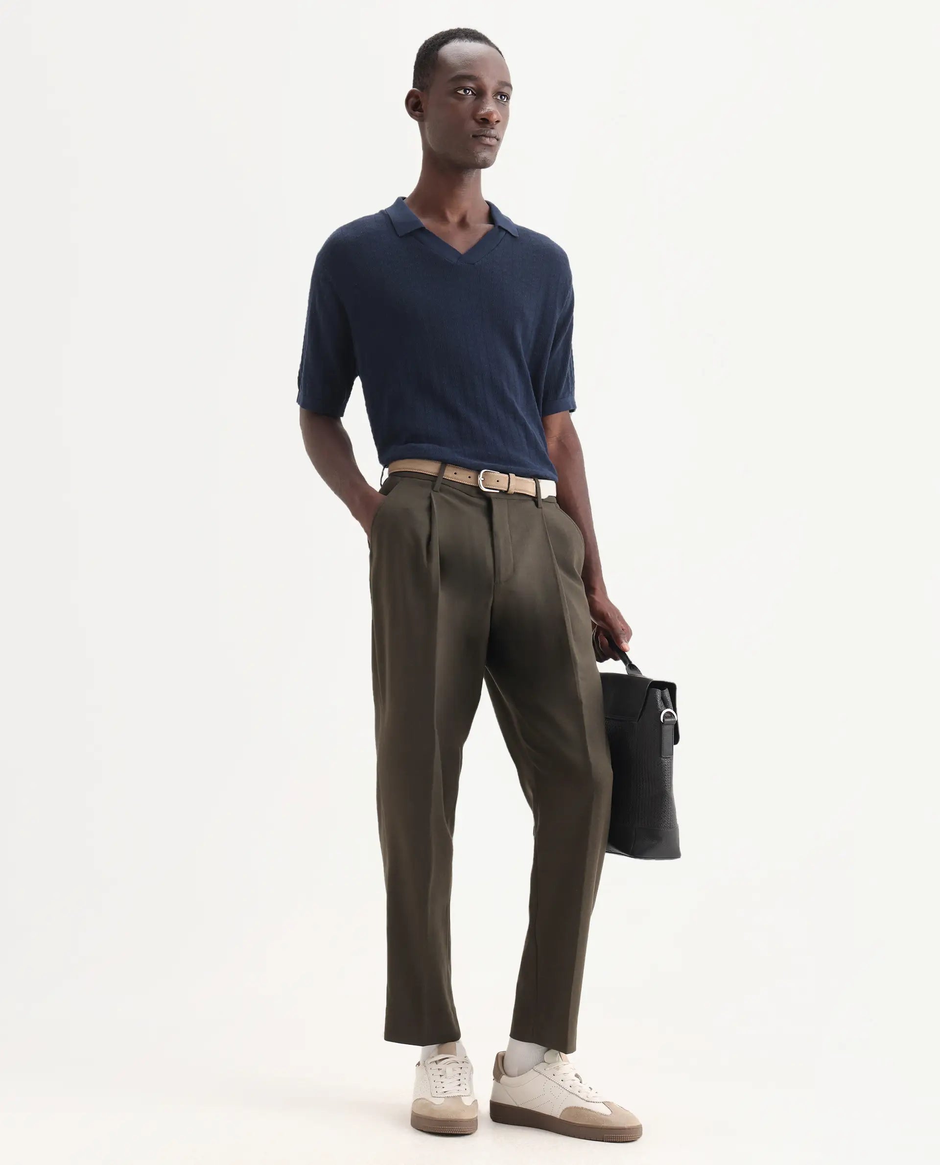 Rare Rabbit Men's Branter Olive Polyester Plain Relaxed Fit Trouser