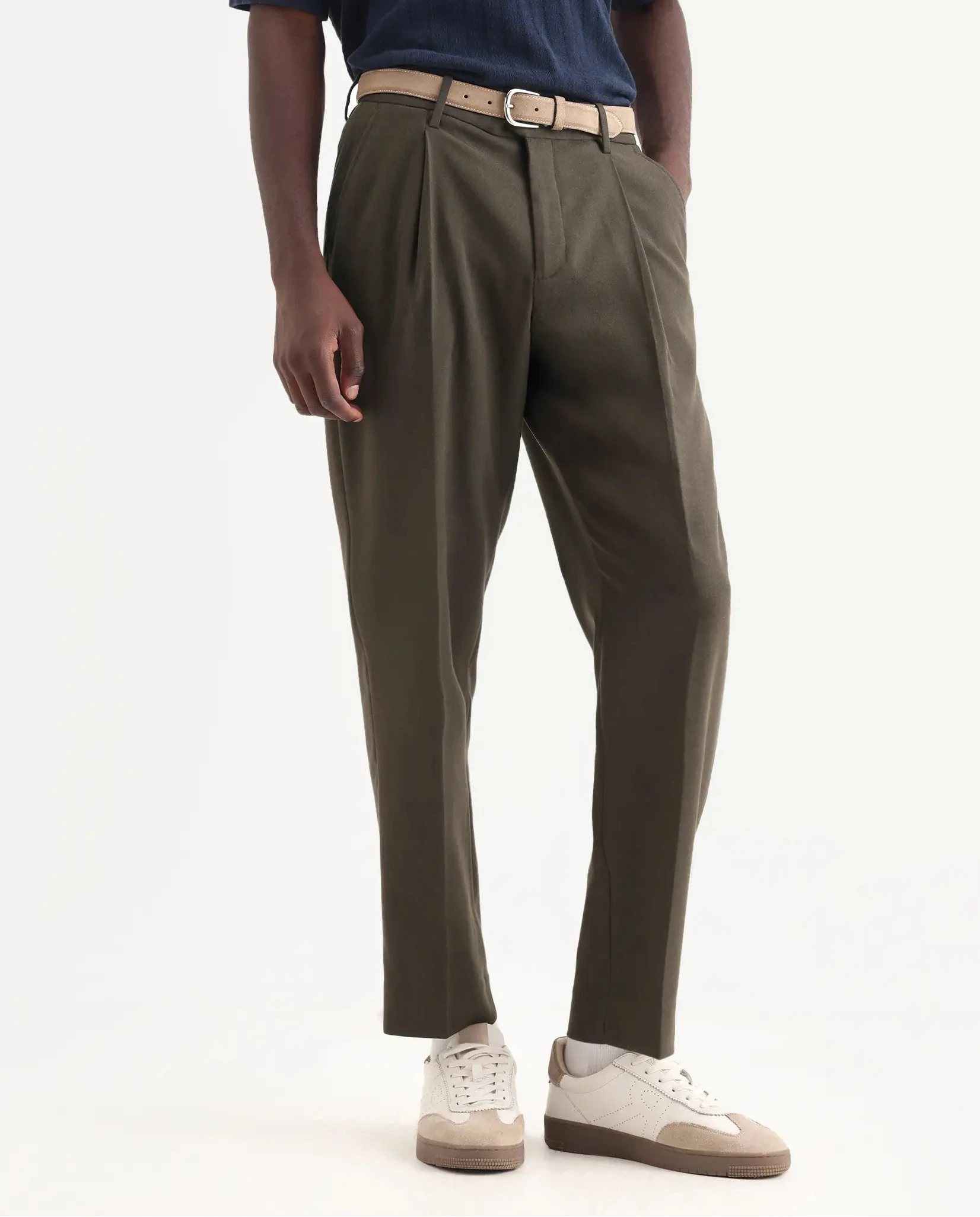 Rare Rabbit Men's Branter Olive Polyester Plain Relaxed Fit Trouser