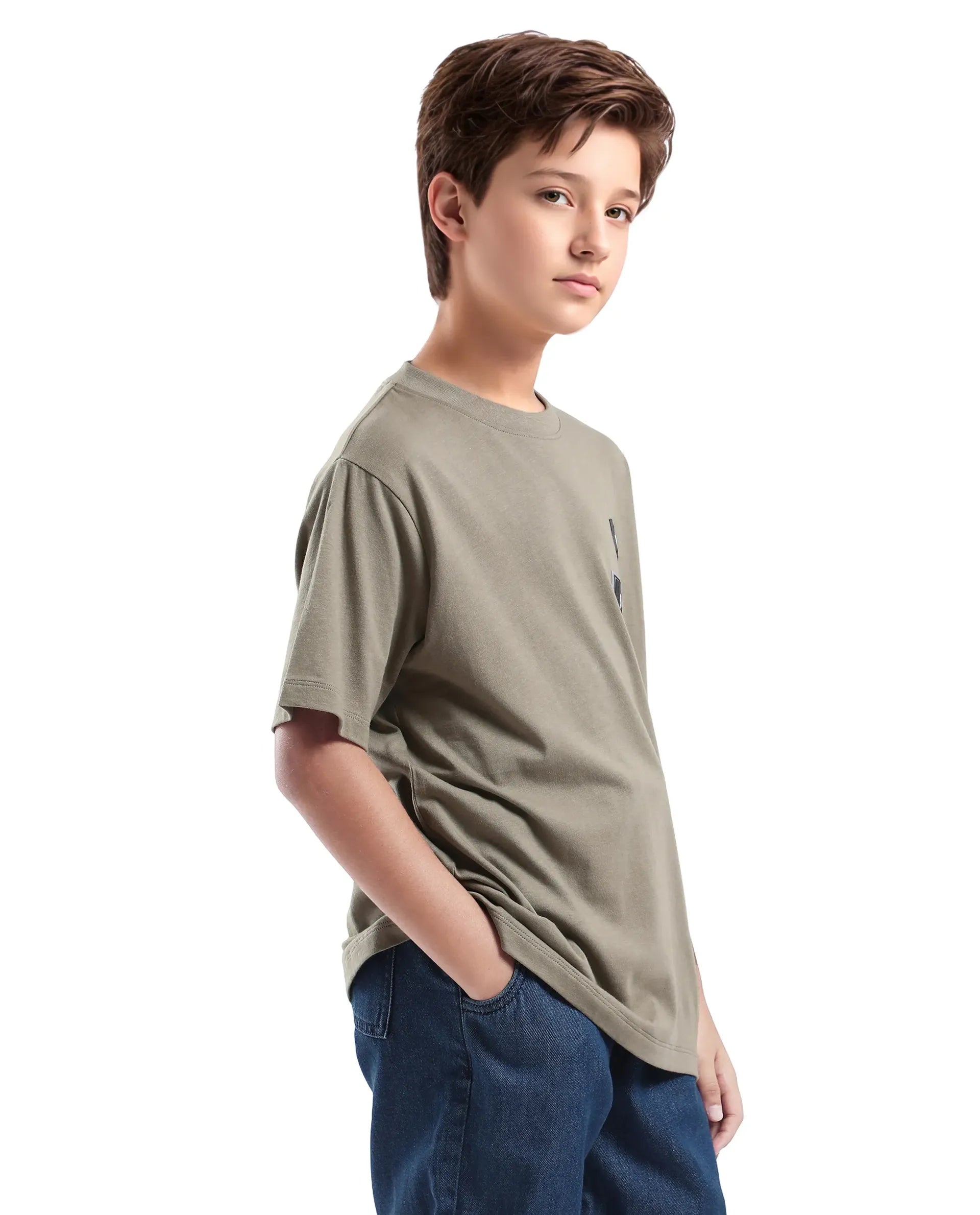 Rare Ones Kids Braun Dusky Green Cotton Solid Slip-On Regular Fit T-Shirt
