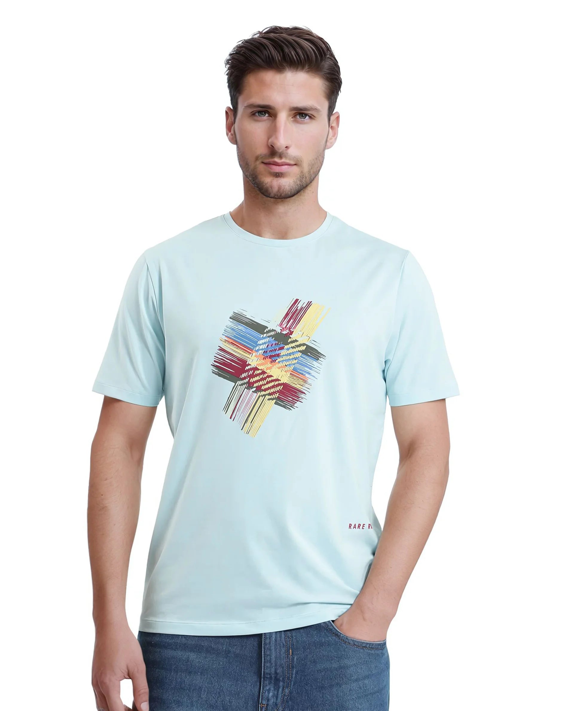 Rare Rabbit Men Brax Light Blue Cotton Blend Fabric Short Sleeve Crew Neck Graphic Print T-Shirt