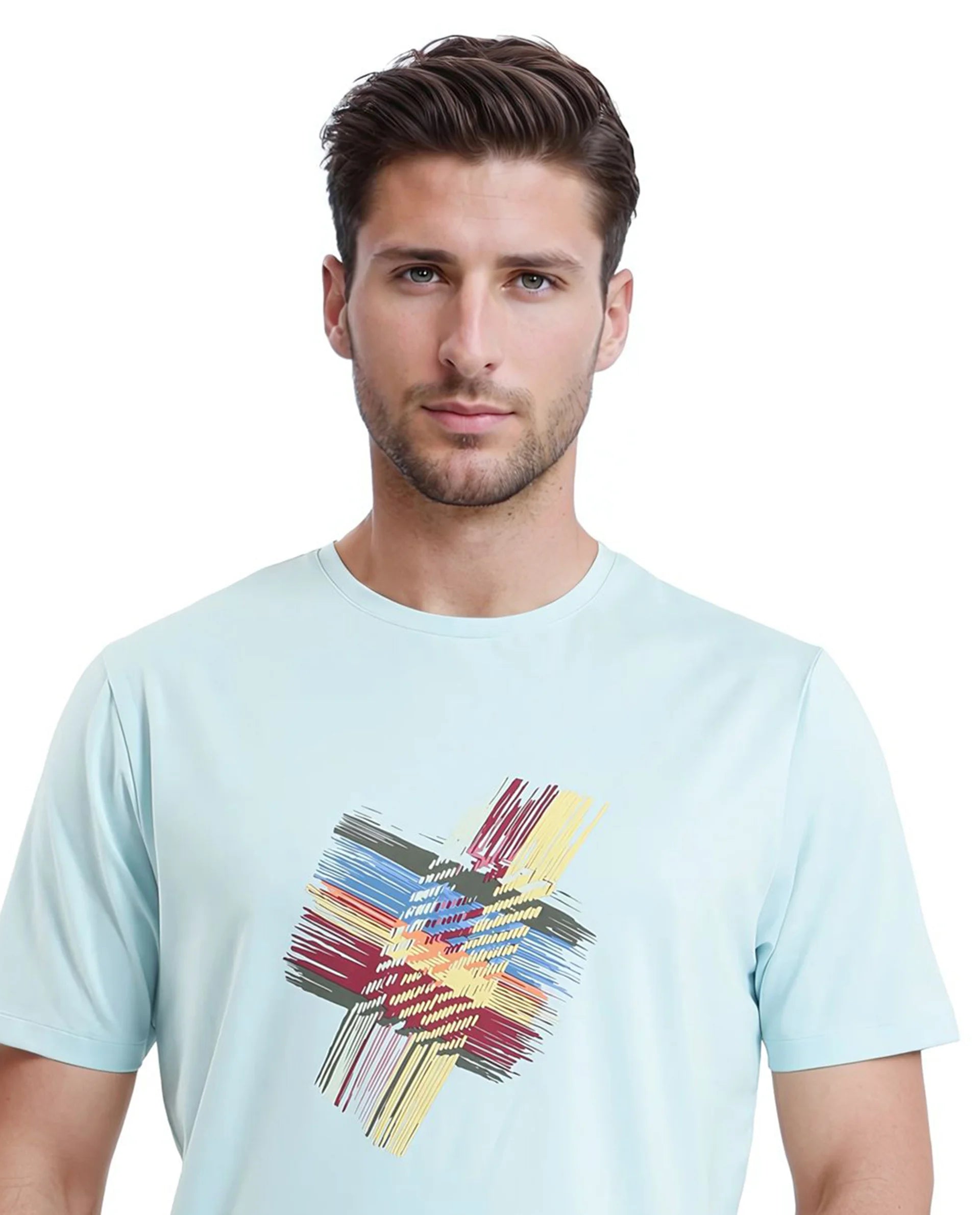 Rare Rabbit Men Brax Light Blue Cotton Blend Fabric Short Sleeve Crew Neck Graphic Print T-Shirt